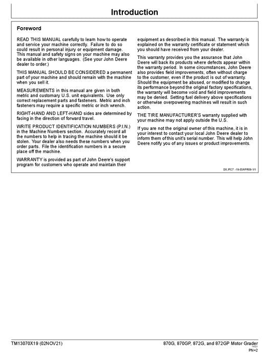 JOHN DEERE 870G 870GP 872G 872GP GRADER REPAIR SERVICE MANUAL TM13070X19