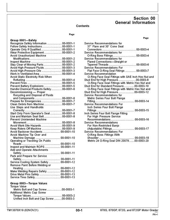 JOHN DEERE 870G 870GP 872G 872GP GRADER REPAIR SERVICE MANUAL TM13070X19