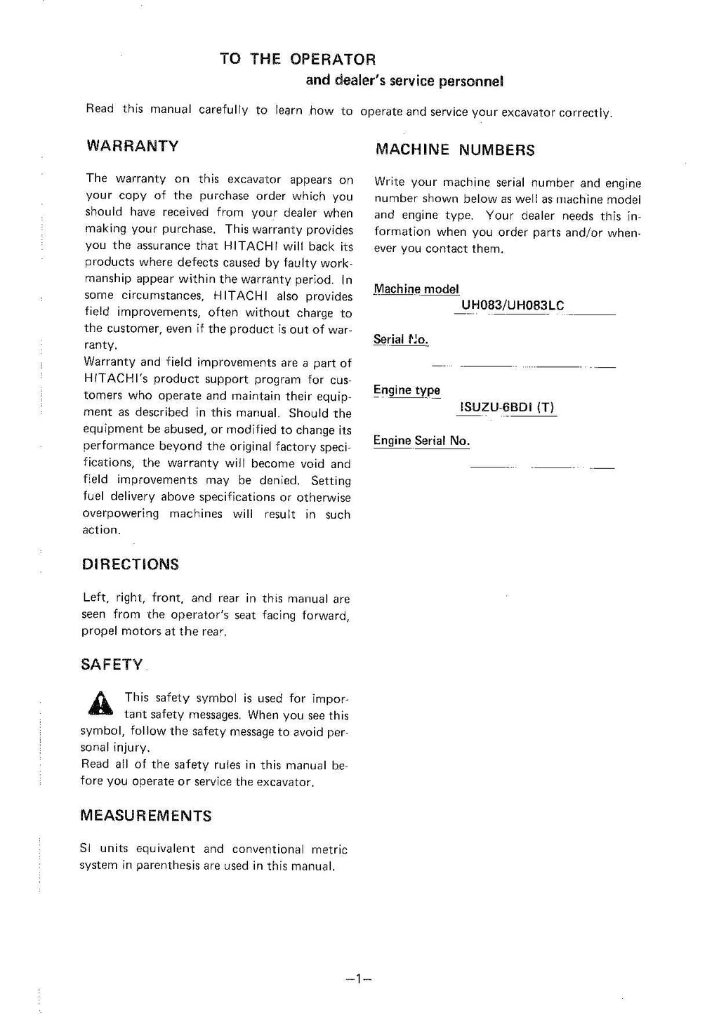 HITACHI UH083 UH083LC EXCAVATOR OPERATORS MANUAL