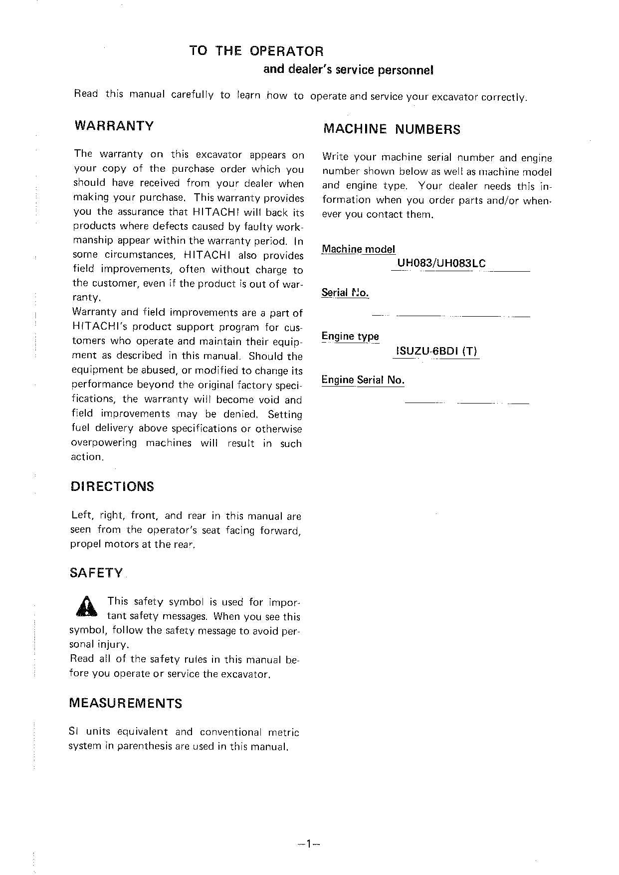 HITACHI UH083 UH083LC EXCAVATOR OPERATORS MANUAL