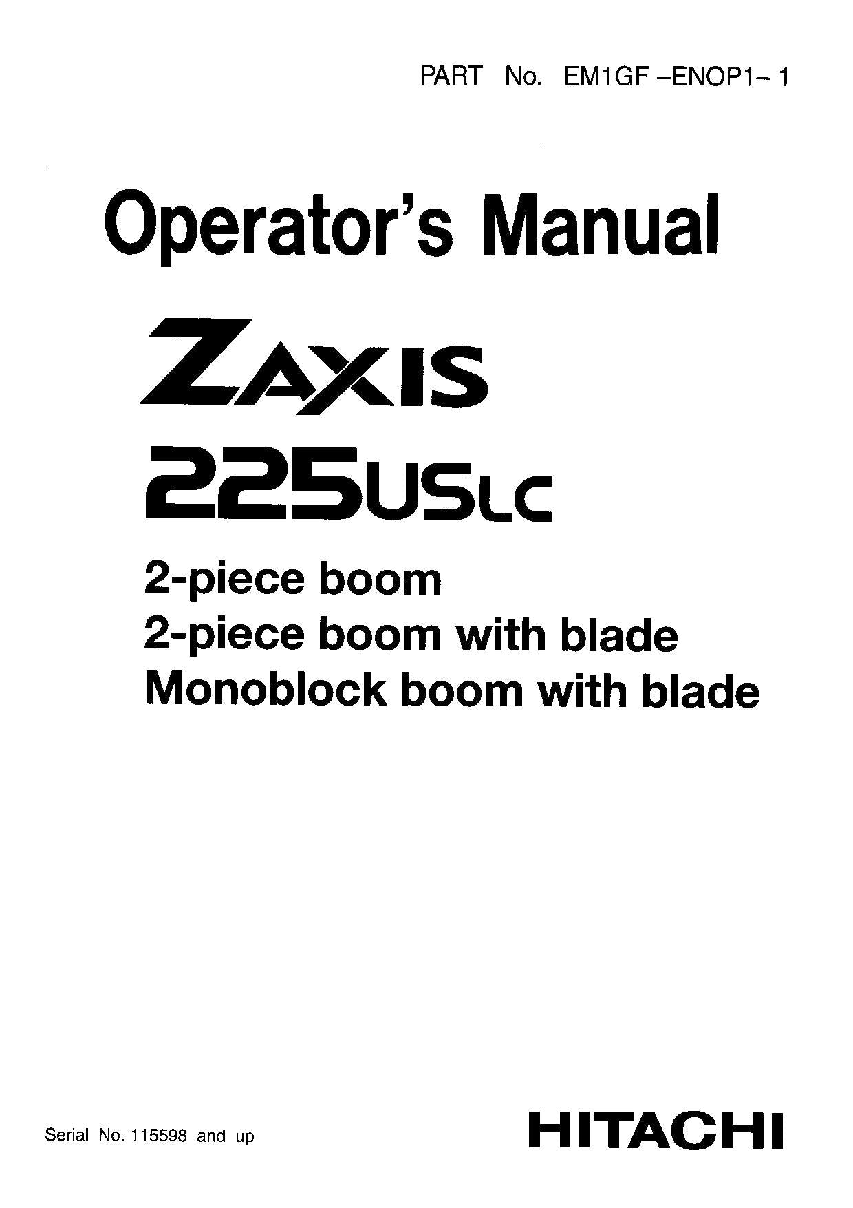 HITACHI ZAXIS ZX 200 EXCAVATOR OPERATORS MANUAL EM1GFENOP11