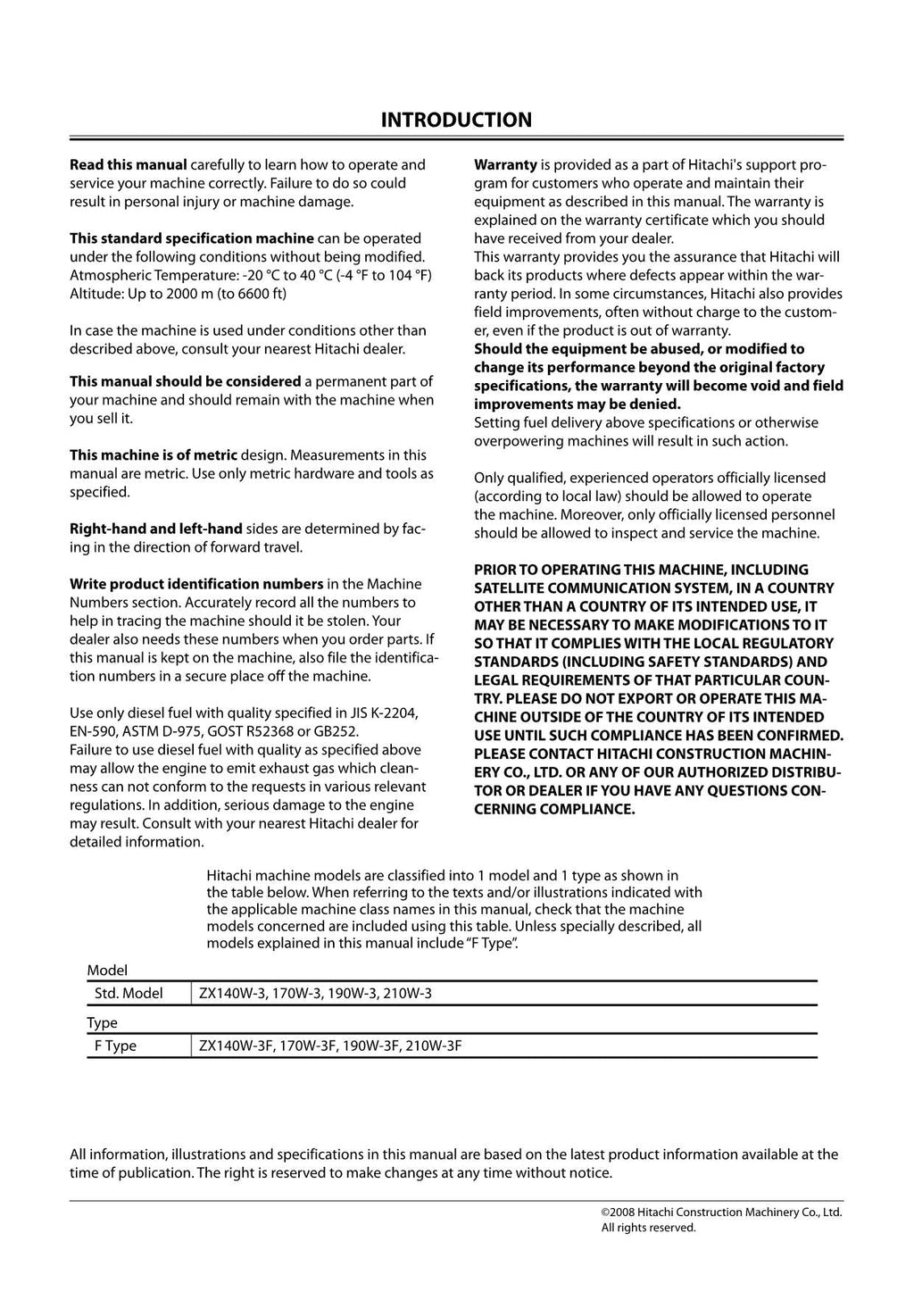 HITACHI ZAXIS ZX 140W-3 170W-3 190W-3 210W-3 EXCAVATOR OPERATORS MANUAL #2