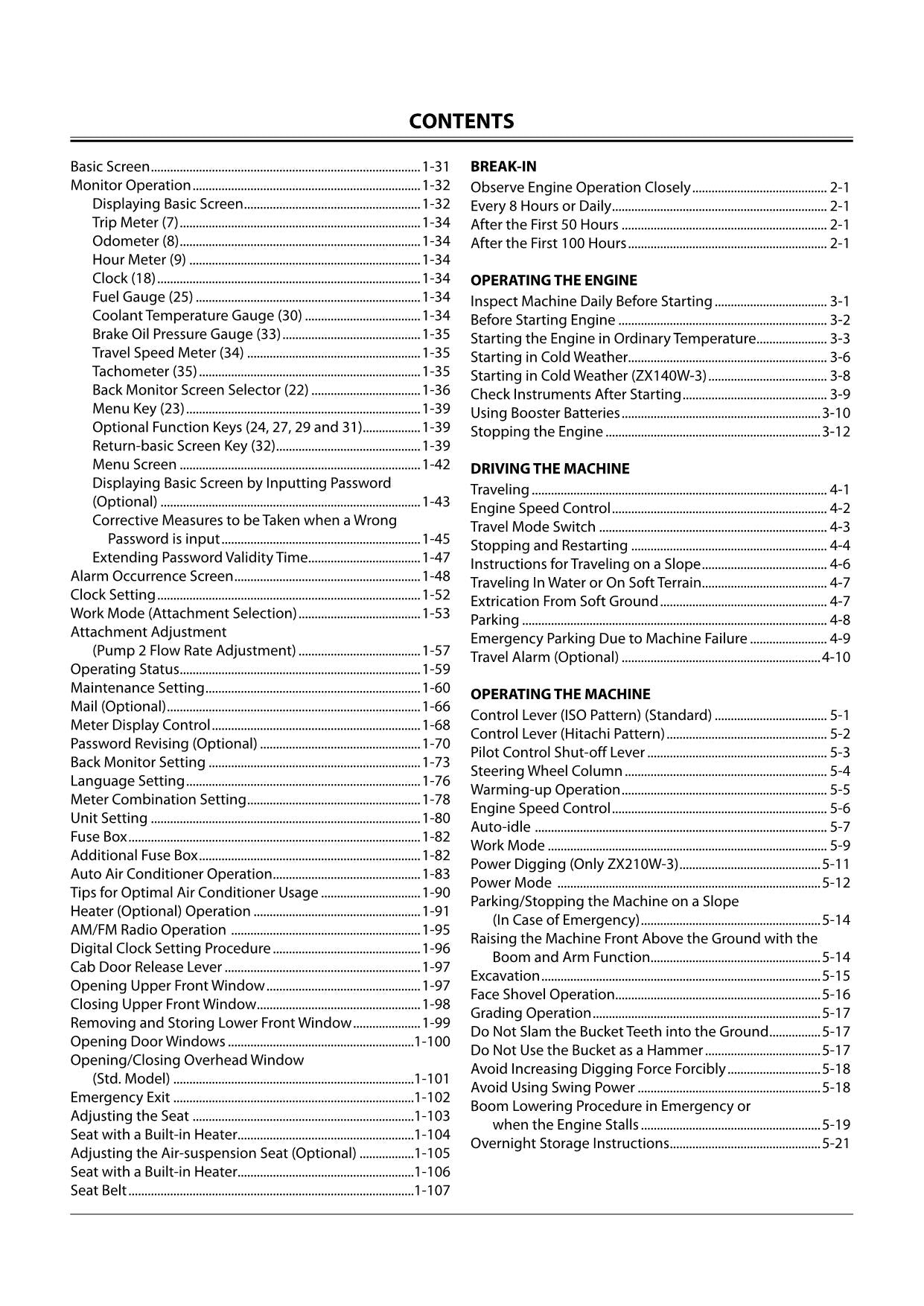 HITACHI ZAXIS ZX 140W-3 170W-3 190W-3 210W-3 EXCAVATOR OPERATORS MANUAL #2