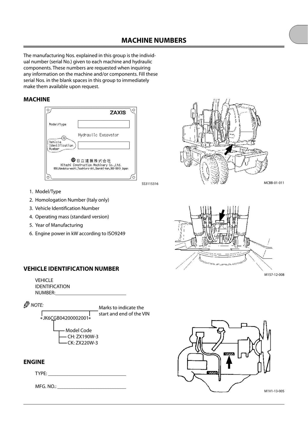 HITACHI ZAXIS ZX 190W-3 220W-3 EXCAVATOR OPERATORS MANUAL