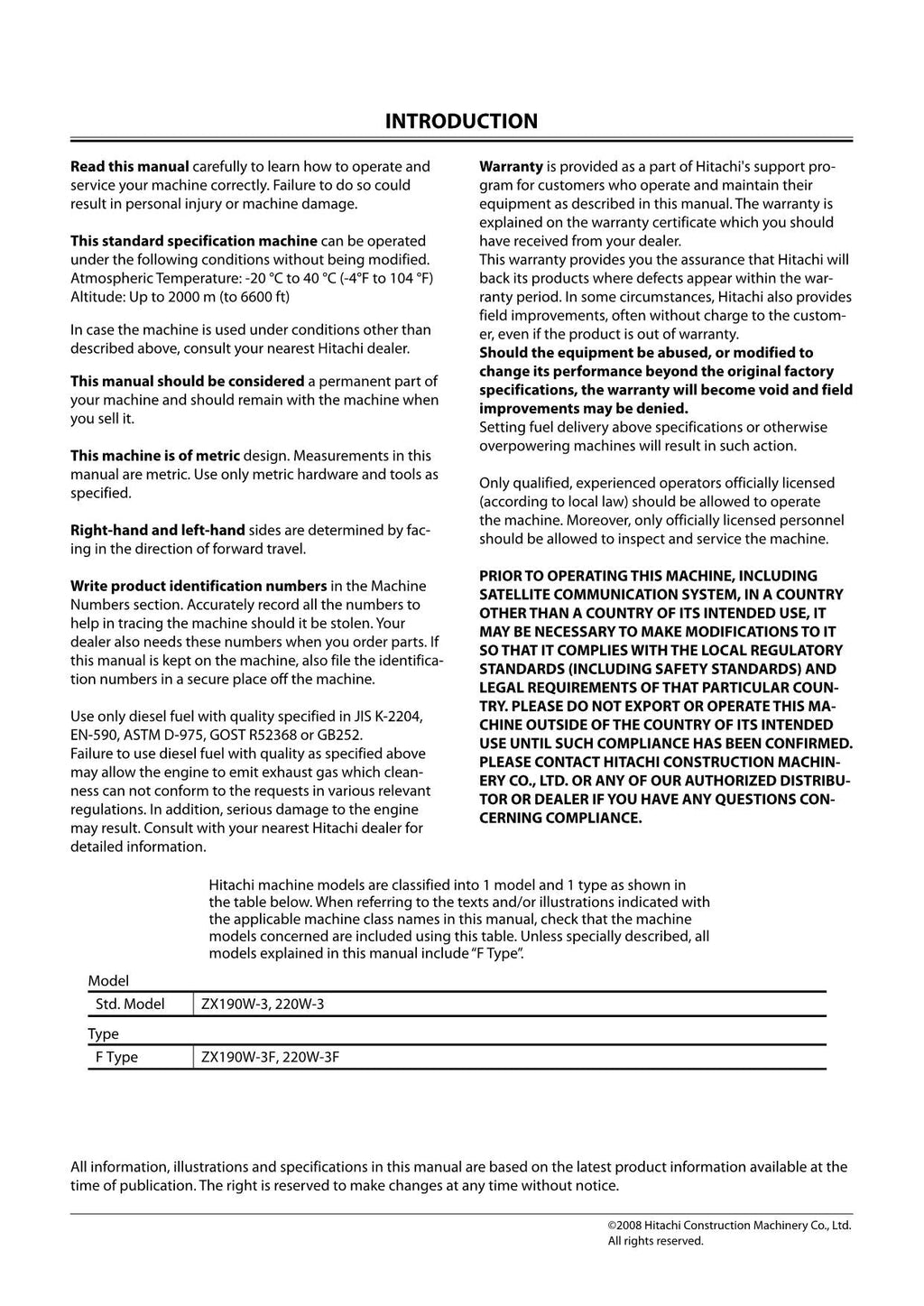 HITACHI ZAXIS ZX 190W-3 220W-3 EXCAVATOR OPERATORS MANUAL