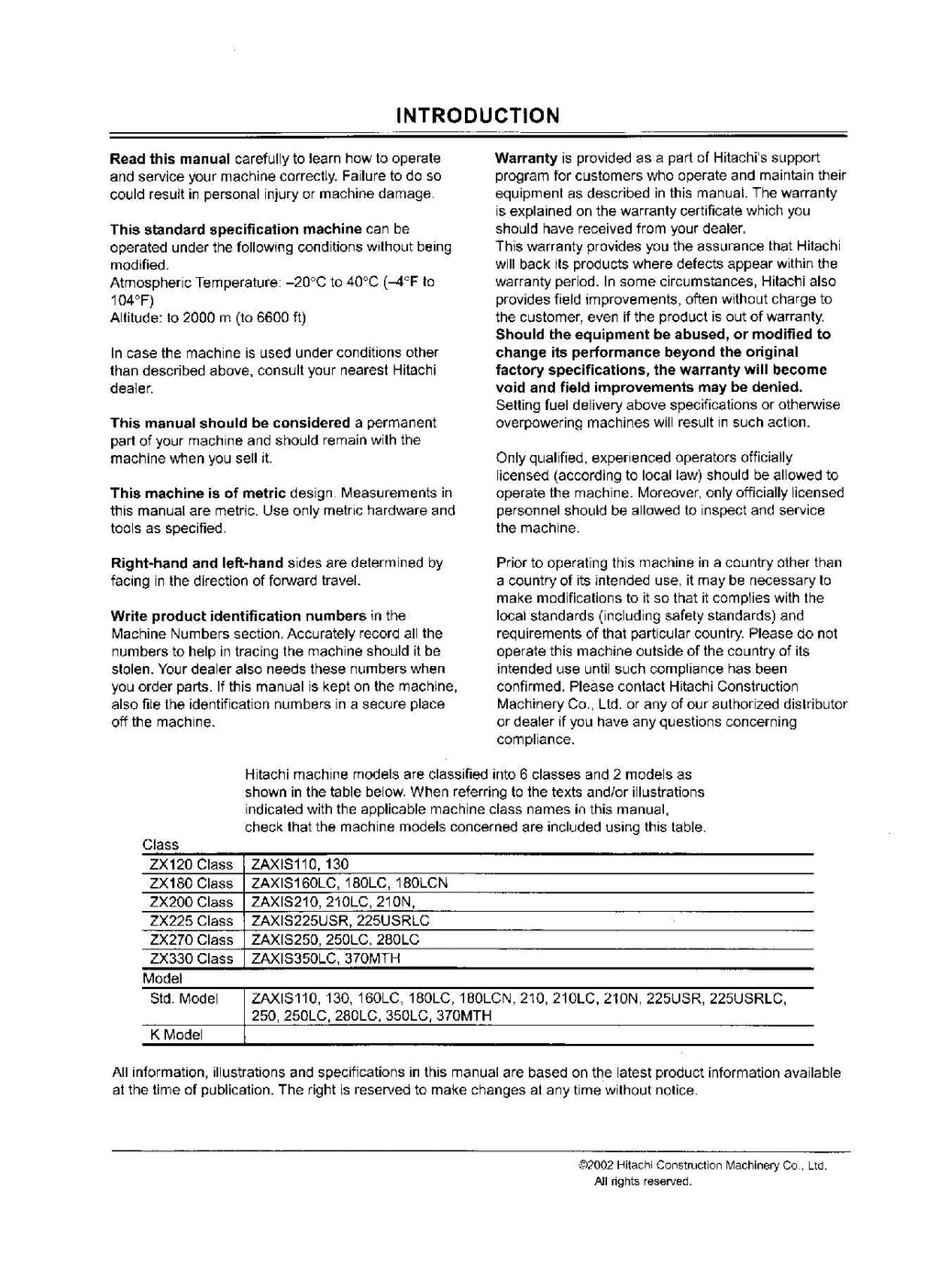 HITACHI ZAXIS ZX 110 225USRLC 250 250LC 280LC 350LC EXCAVATOR OPERATORS MANUAL