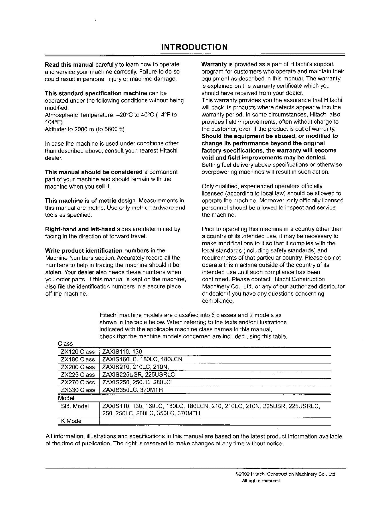HITACHI ZAXIS ZX 110 225USRLC 250 250LC 280LC 350LC EXCAVATOR OPERATORS MANUAL