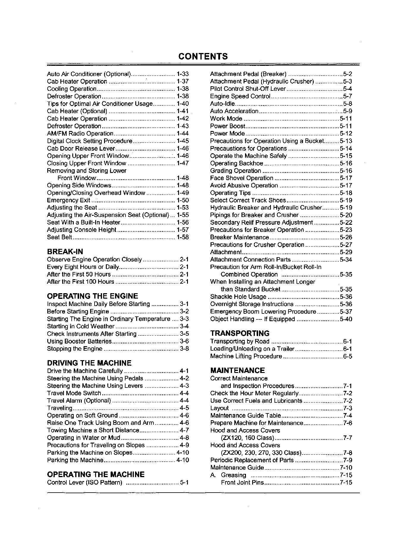 HITACHI ZAXIS ZX 110 225USRLC 250 250LC 280LC 350LC EXCAVATOR OPERATORS MANUAL