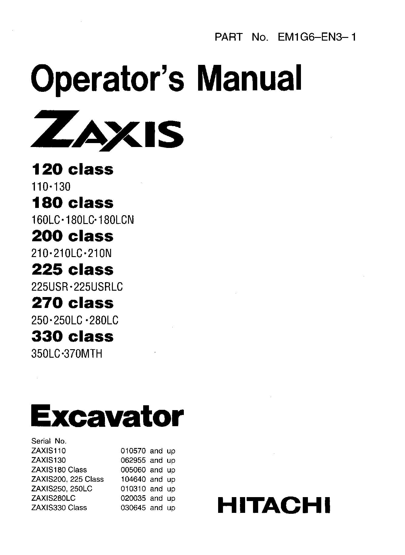 HITACHI ZAXIS ZX 110 225USRLC 250 250LC 280LC 350LC EXCAVATOR OPERATORS MANUAL