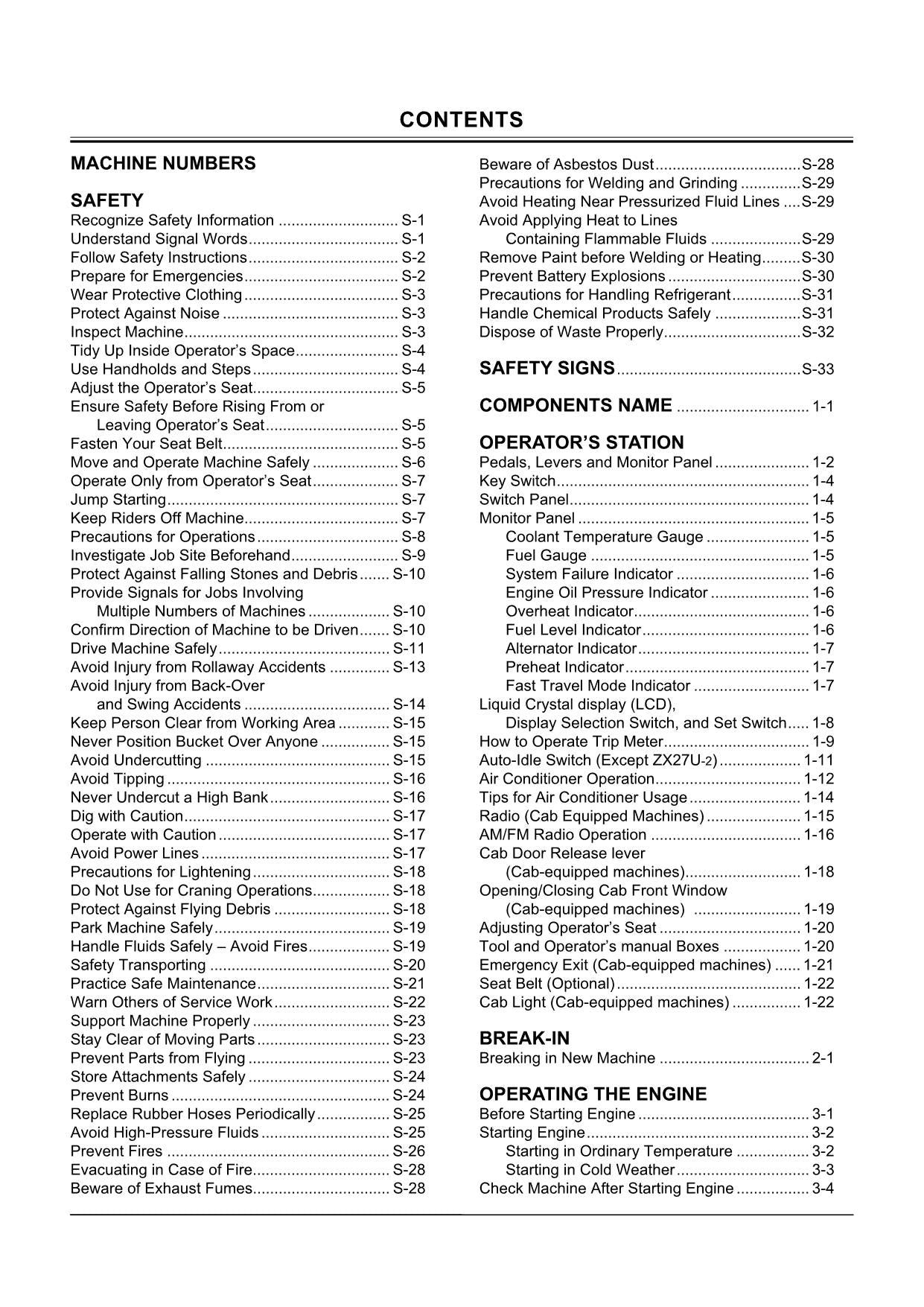 HITACHI ZAXIS ZX 27U-2 30U-2 35U-2 40U-2 50U-2 EXCAVATOR OPERATORS MANUAL