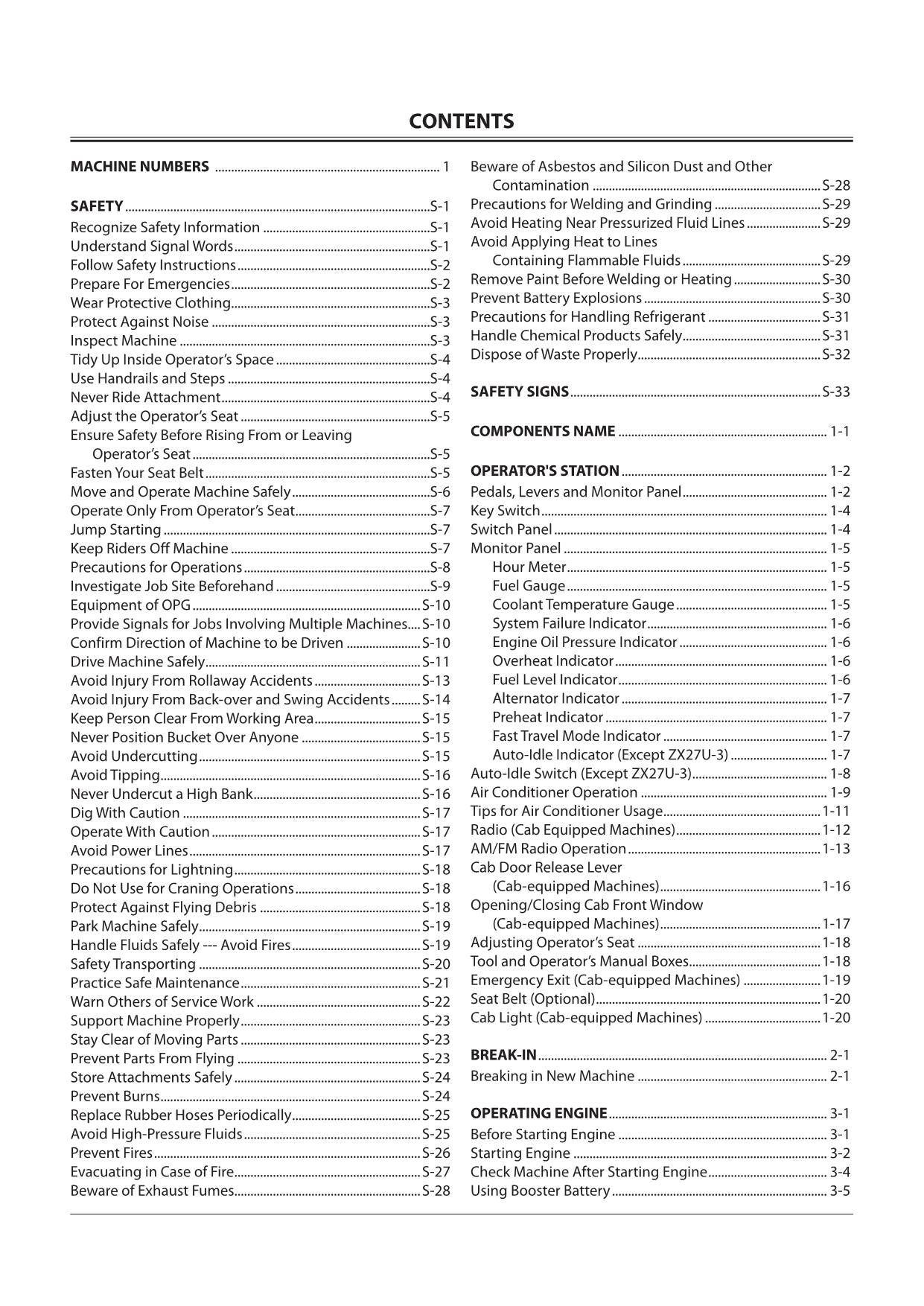 HITACHI ZAXIS ZX 27U-3 30U-3 35U-3 40U-3 50U-3 EXCAVATOR OPERATORS MANUAL