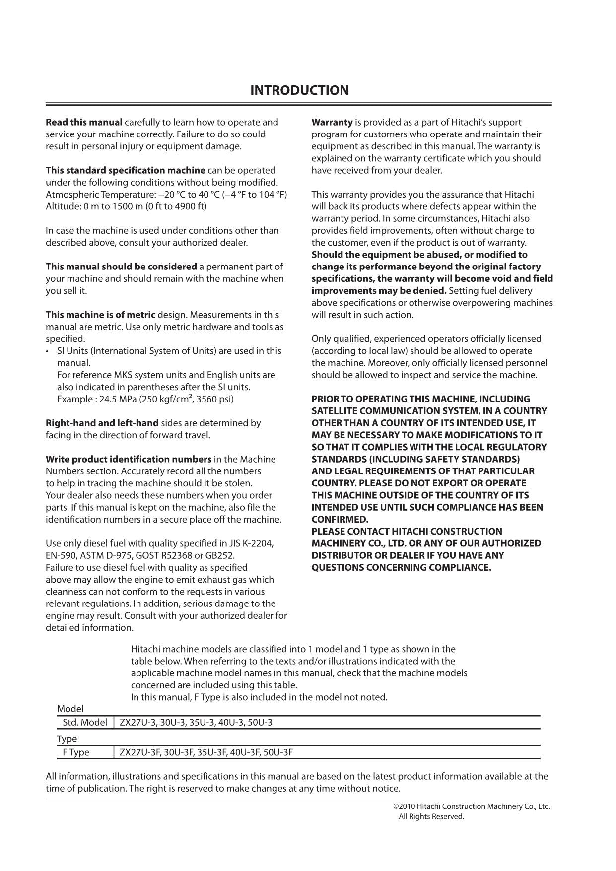 HITACHI ZAXIS ZX 27U-3 30U-3 35U-3 40U-3 50U-3 EXCAVATOR OPERATORS MANUAL