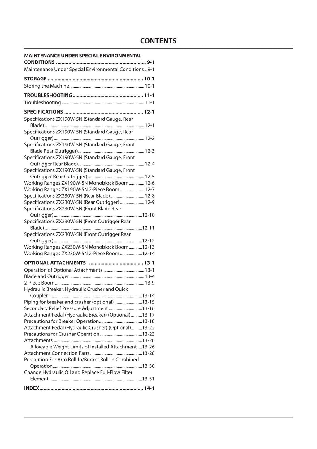 HITACHI ZAXIS ZX 190W-5N 230W-5N EXCAVATOR OPERATORS MANUAL