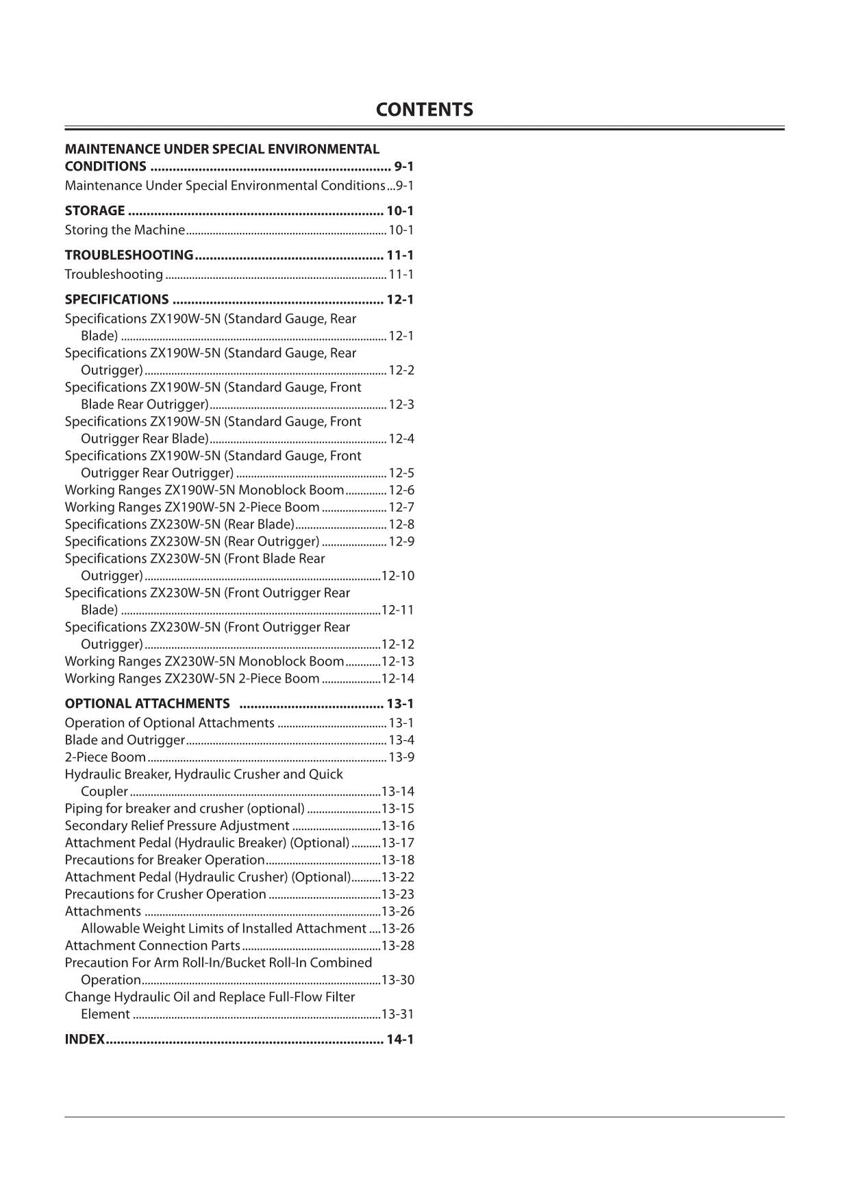 HITACHI ZAXIS ZX 190W-5N 230W-5N EXCAVATOR OPERATORS MANUAL