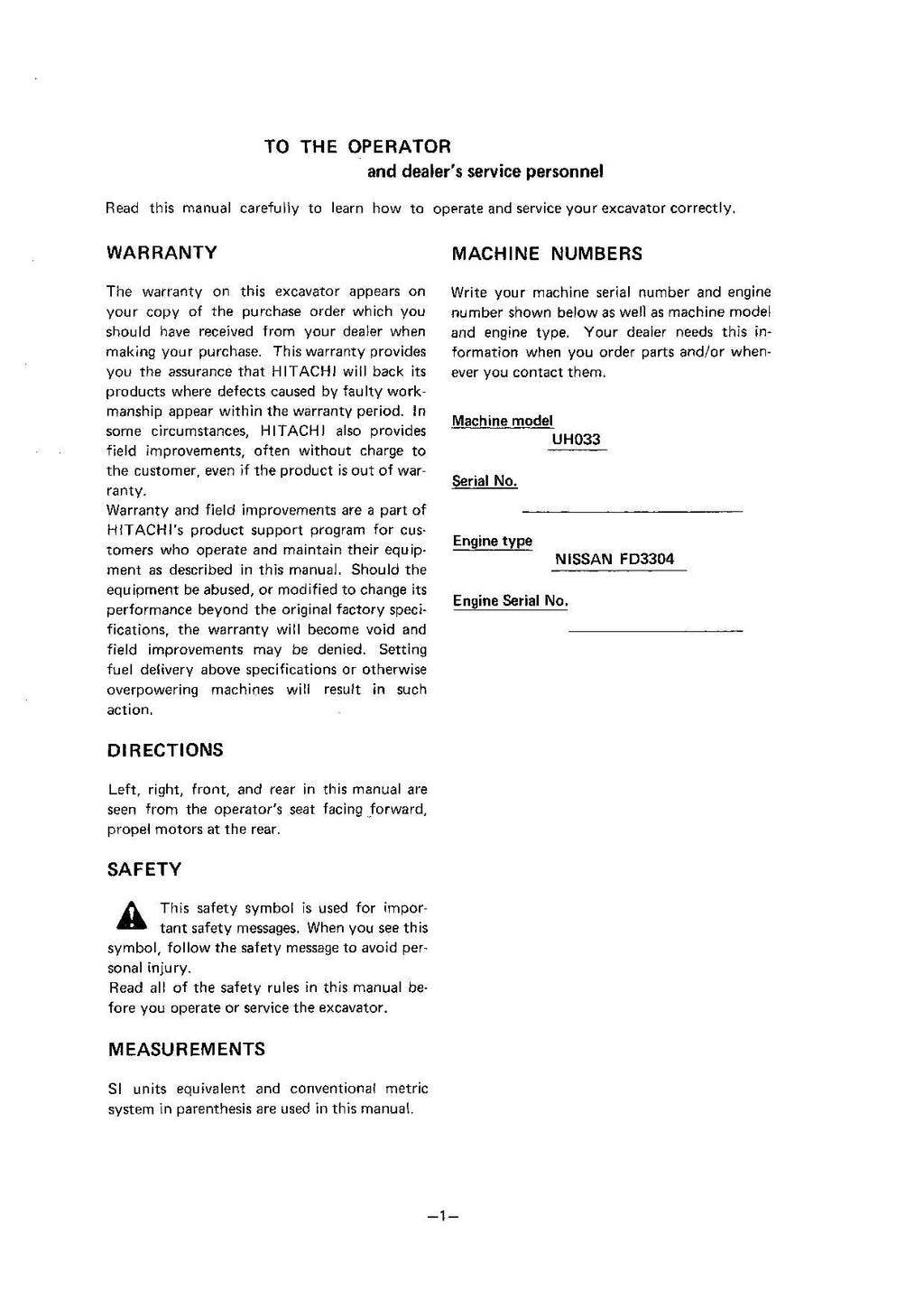 HITACHI UH033 EXCAVATOR OPERATORS MANUAL
