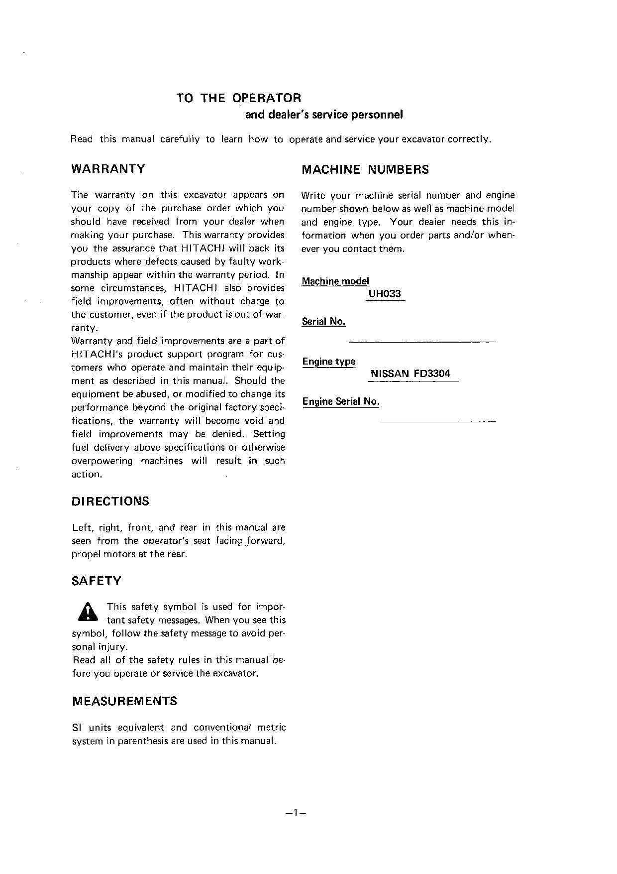HITACHI UH033 EXCAVATOR OPERATORS MANUAL