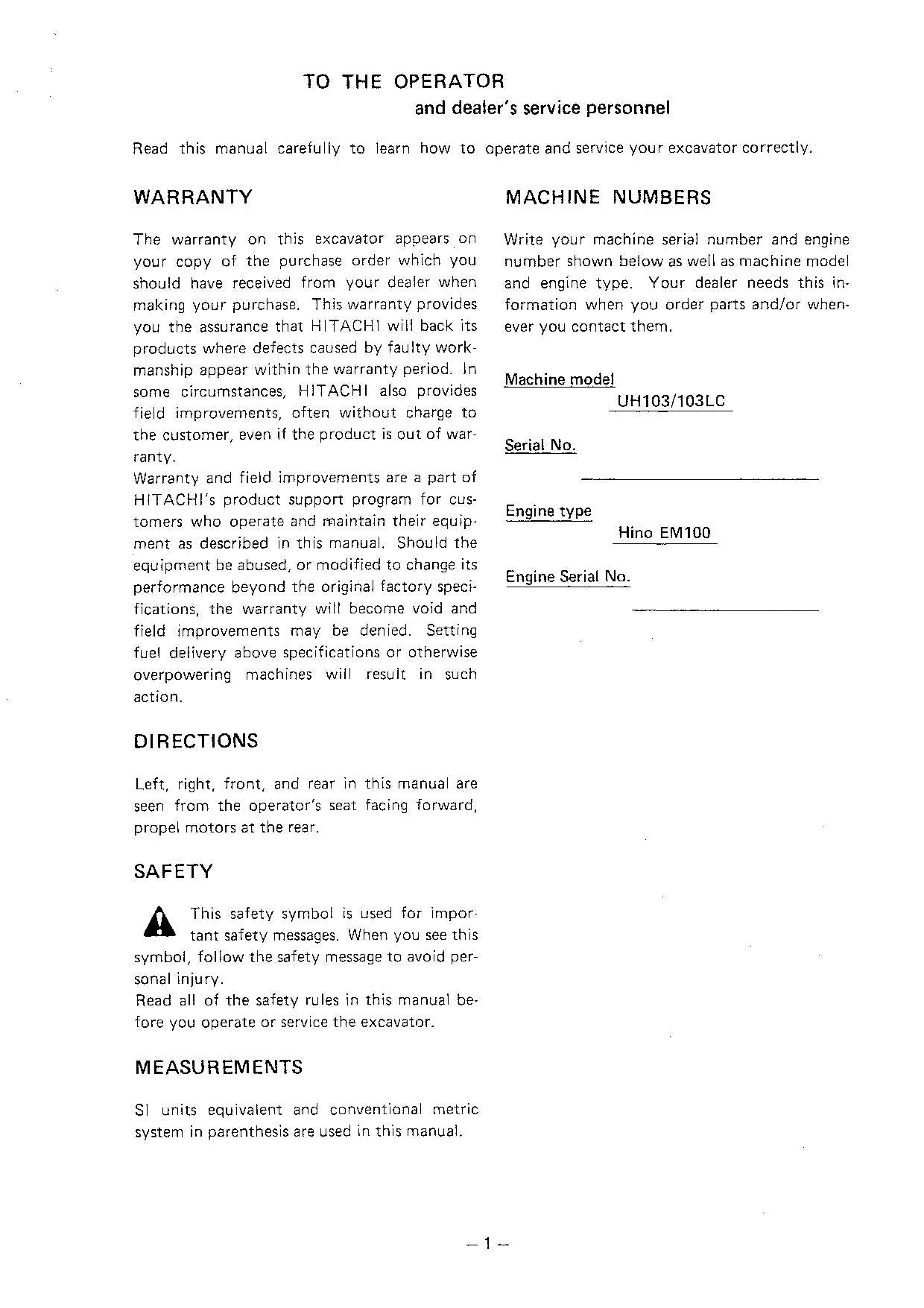 HITACHI UH103 EXCAVATOR OPERATORS MANUAL