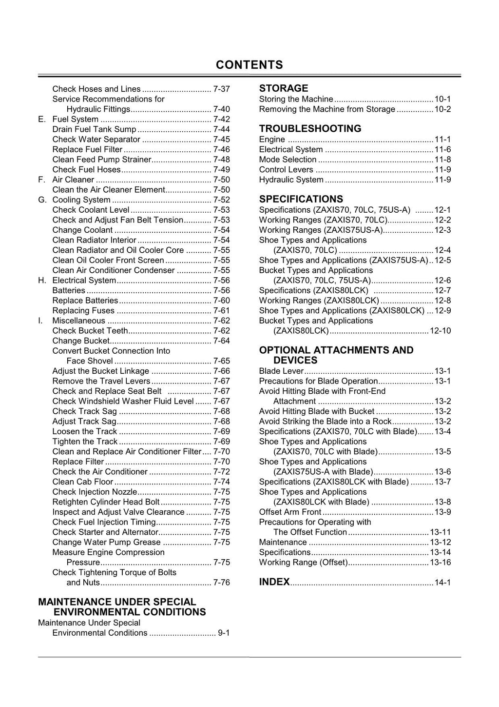 HITACHI ZAXIS ZX 70 70LC 80LCK 75US EXCAVATOR OPERATORS MANUAL