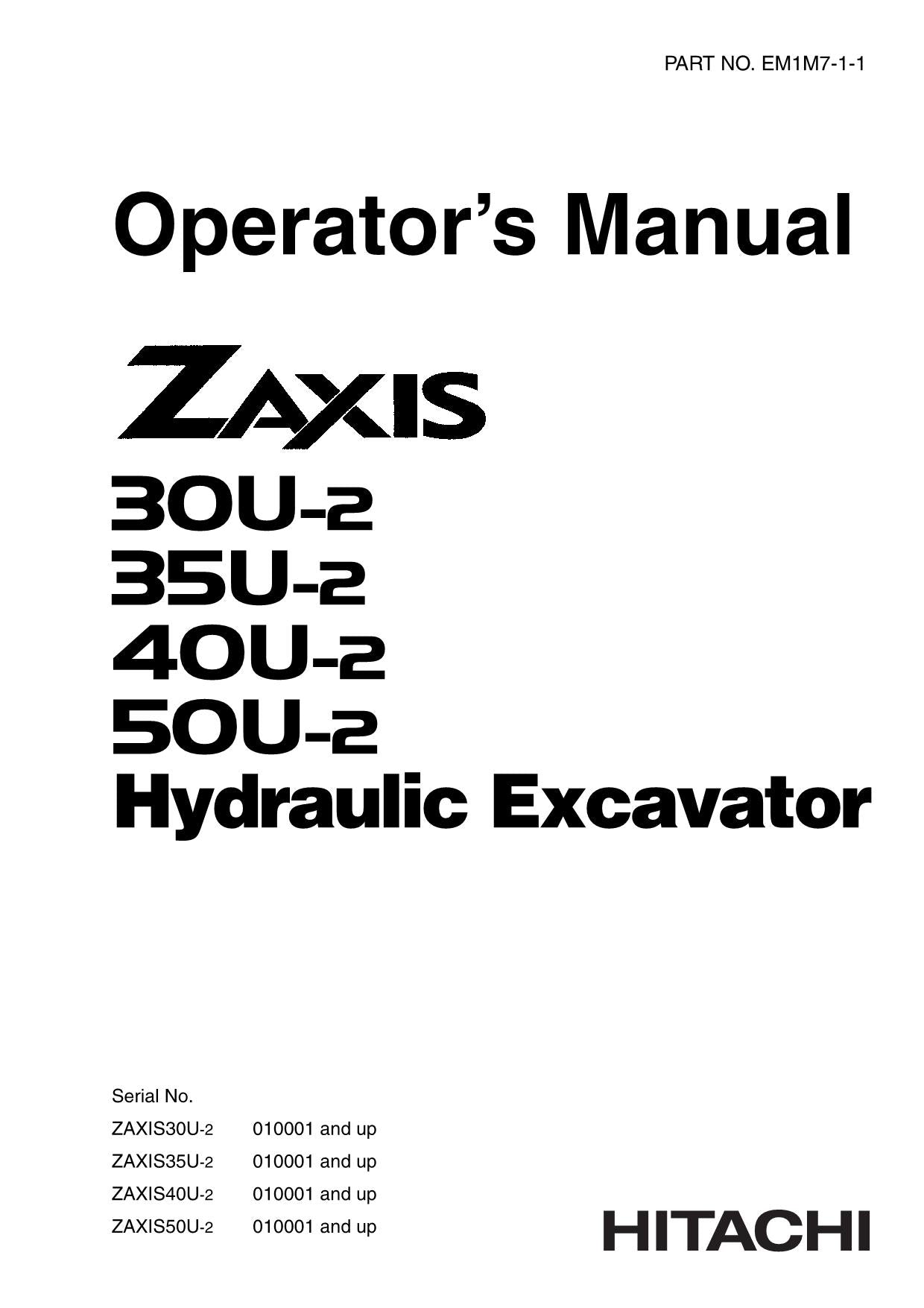 HITACHI ZAXIS ZX 30U-2 35U-2 40U-2 50U-2 EXCAVATOR OPERATORS MANUAL