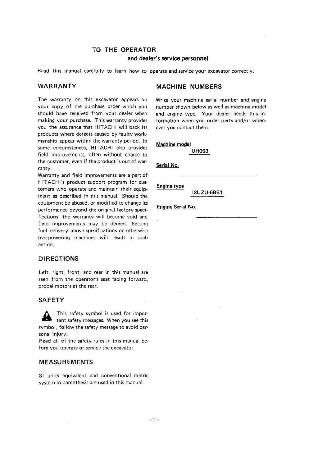 HITACHI UH063 EXCAVATOR OPERATORS MANUAL