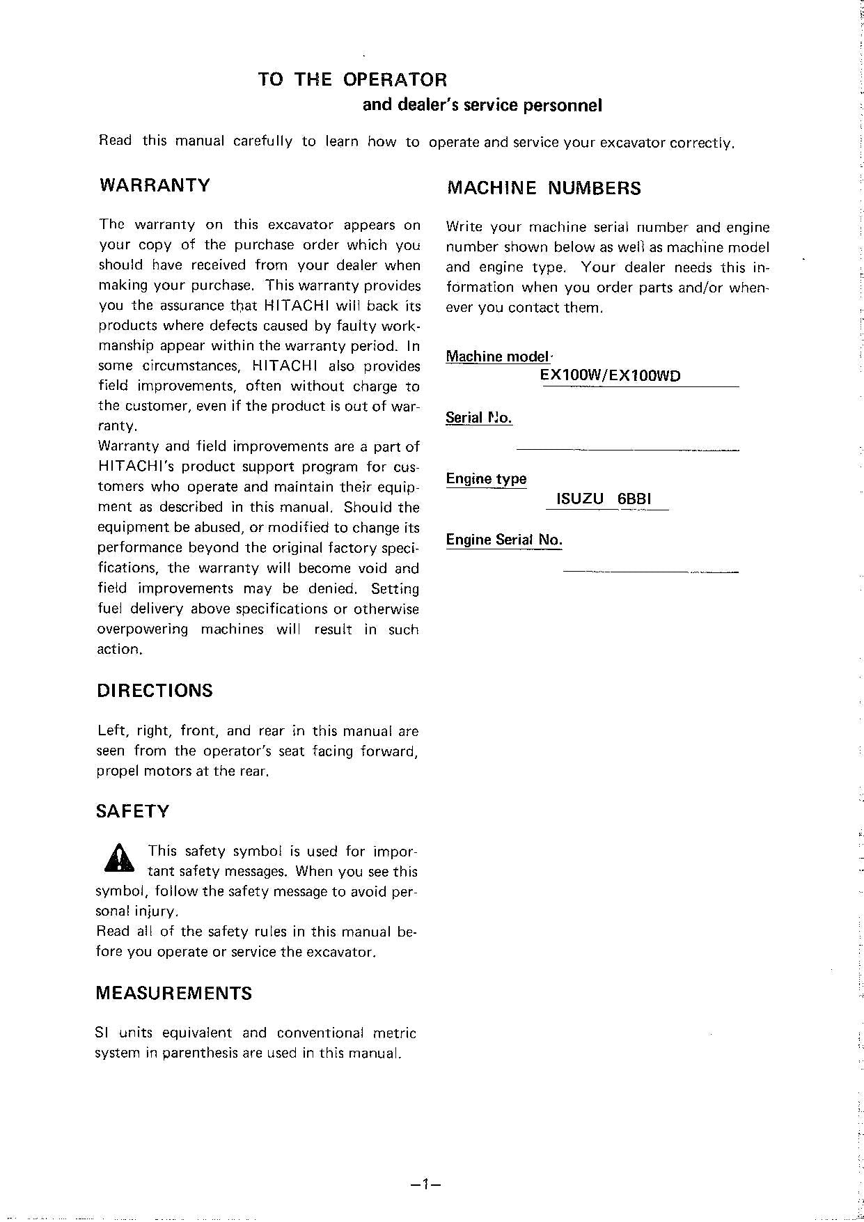 HITACHI EX100W EX100WD EXCAVATOR OPERATORS MANUAL