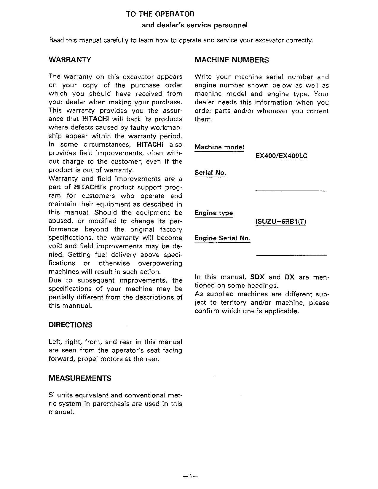 HITACHI EX400 EX400LC EX400H EX400LCH EXCAVATOR OPERATORS MANUAL