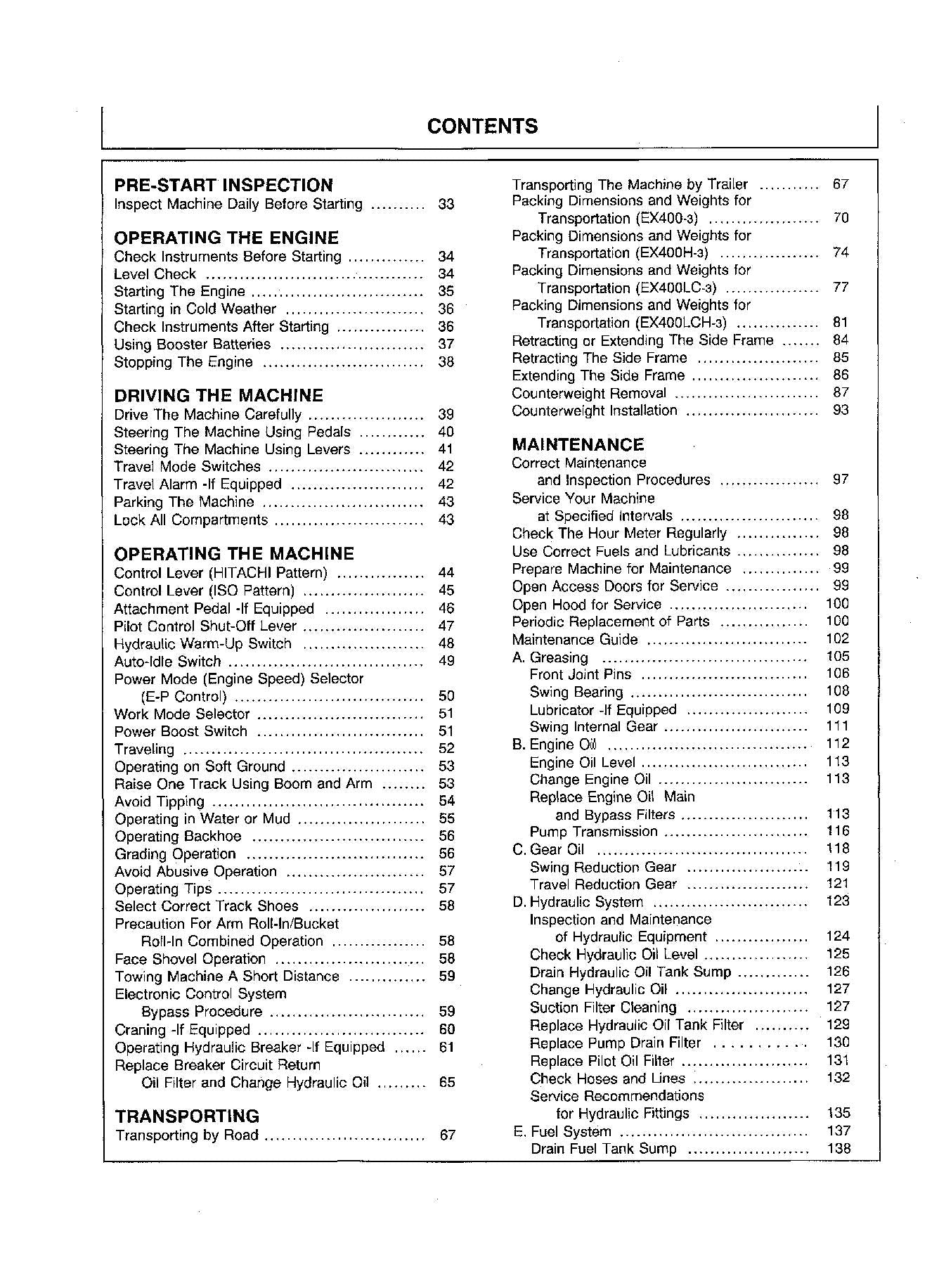 HITACHI EX400-3C EX400LC-3C EX450H-3C EX45OLCH-3C EXCAVATOR OPERATORS MANUAL