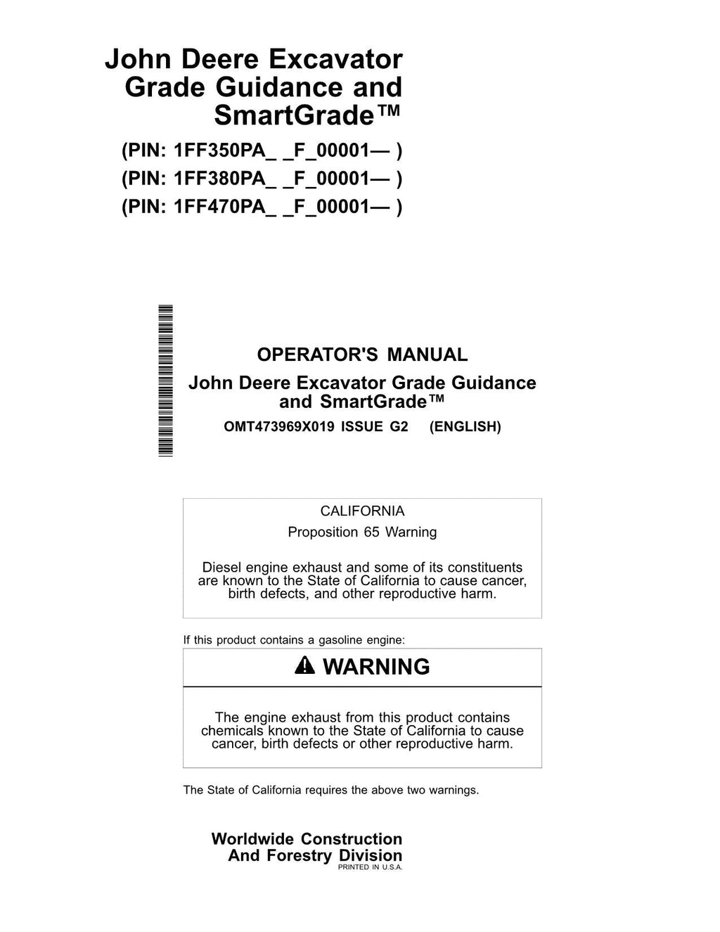 MANUAL DEL OPERADOR DE LA EXCAVADORA JONH DEERE 350 380 P