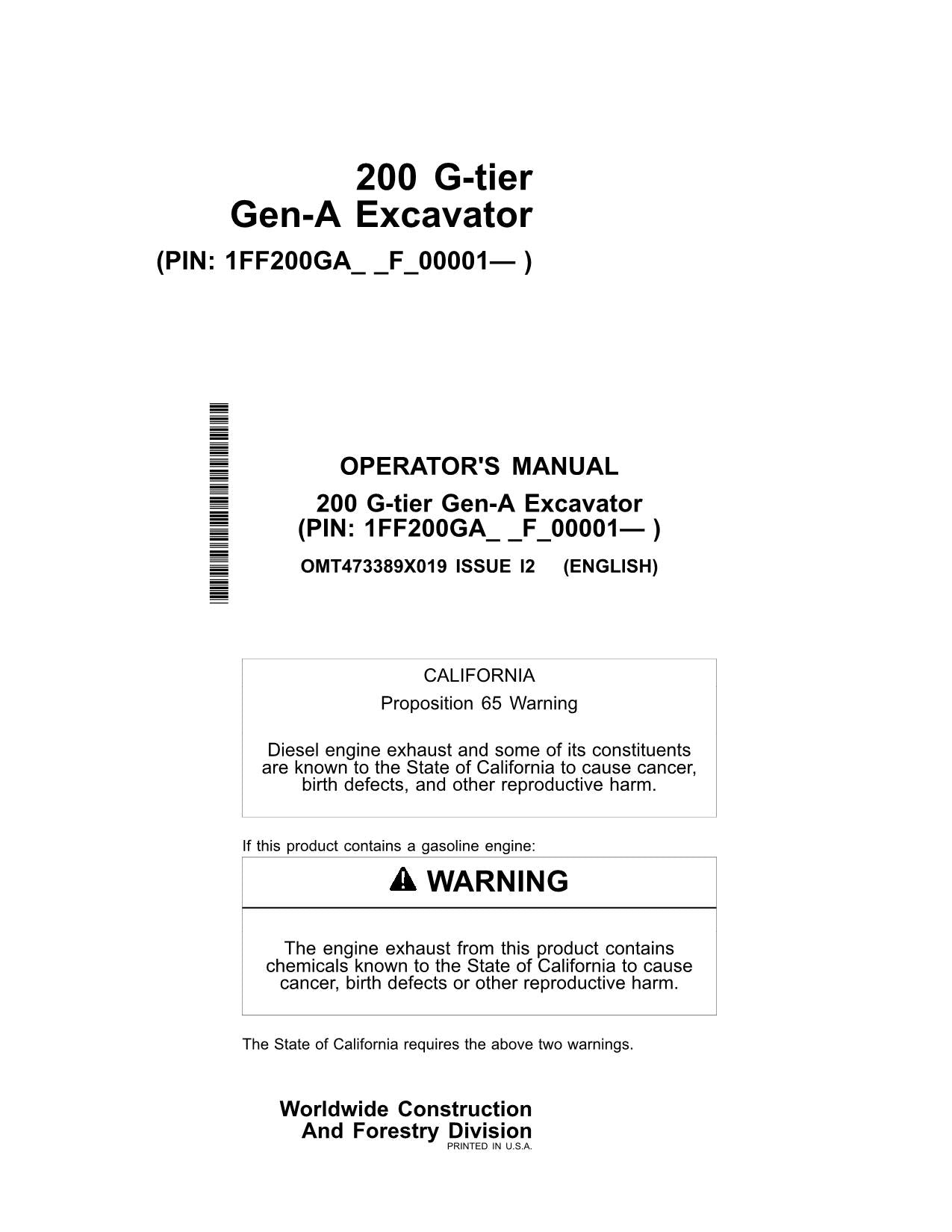MANUAL DEL OPERADOR DE LA EXCAVADORA JONH DEERE 200 G