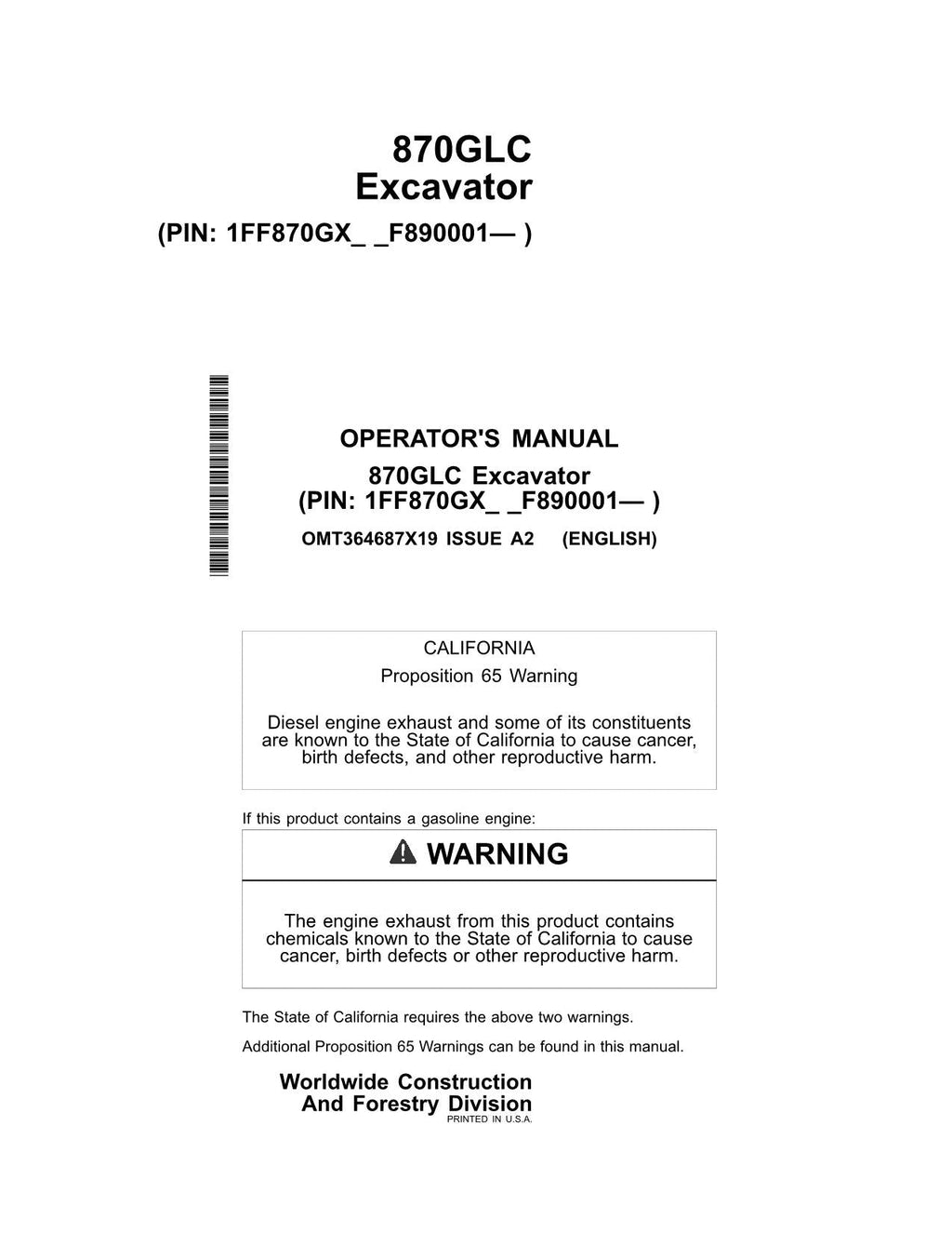 MANUAL DEL OPERADOR DE LA EXCAVADORA JONH DEERE 870GLC N.° 2
