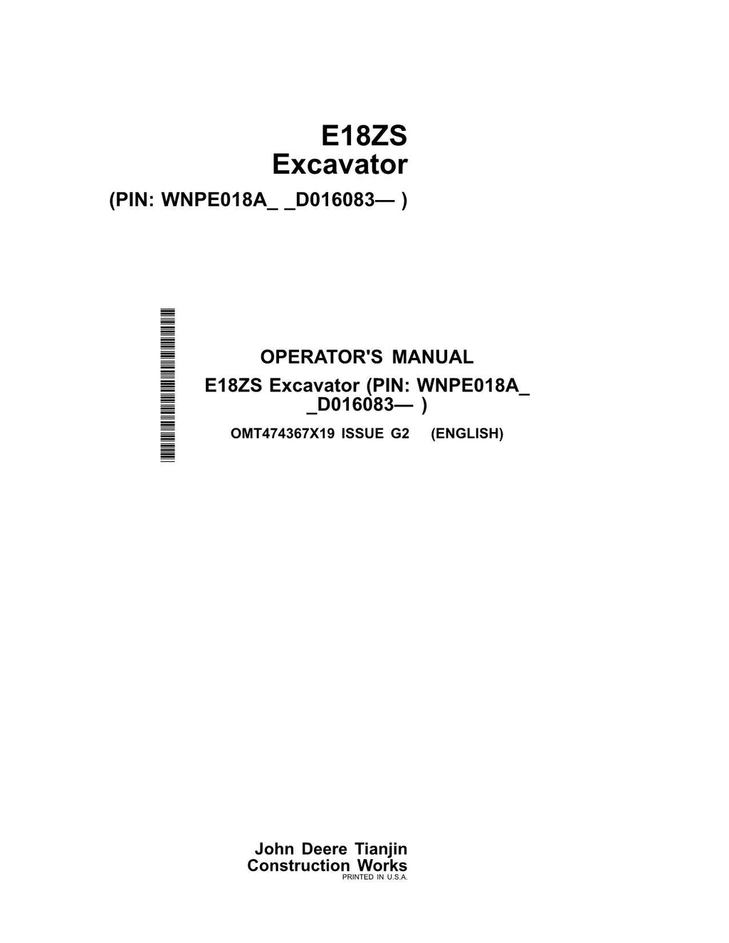 MANUAL DEL OPERADOR DE LA EXCAVADORA JONH DEERE E18ZS