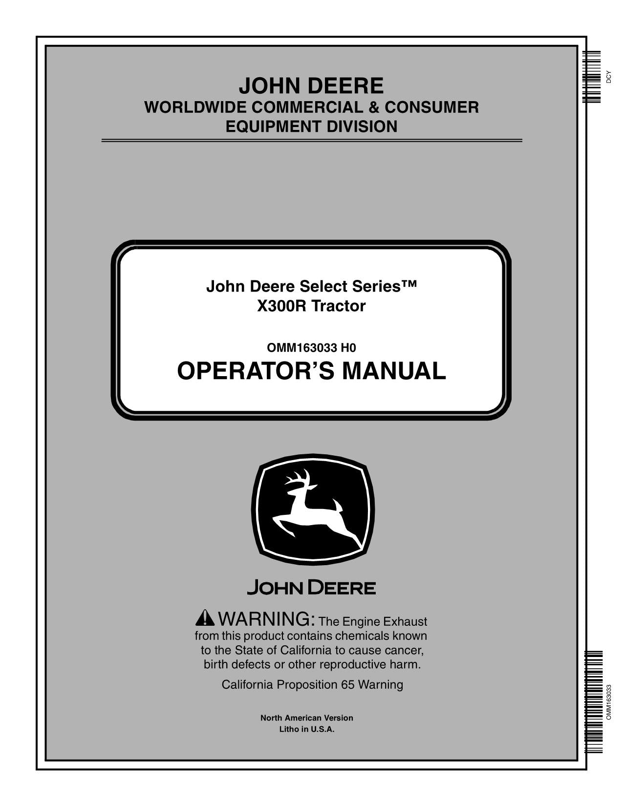 MANUAL DEL OPERADOR DEL TRACTOR JOHN DEERE X300R 180001-220000