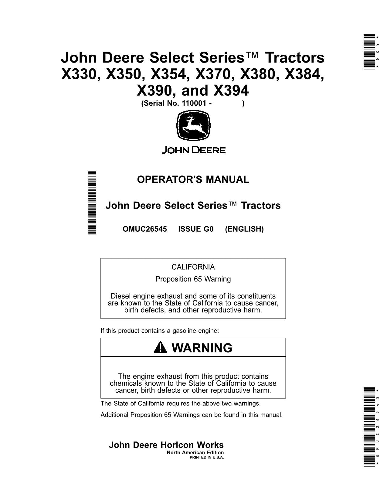JOHN DEERE X330 X350 X354 X370 X380 X384 X390 X394 TRACTOR OPERATORS MANUAL