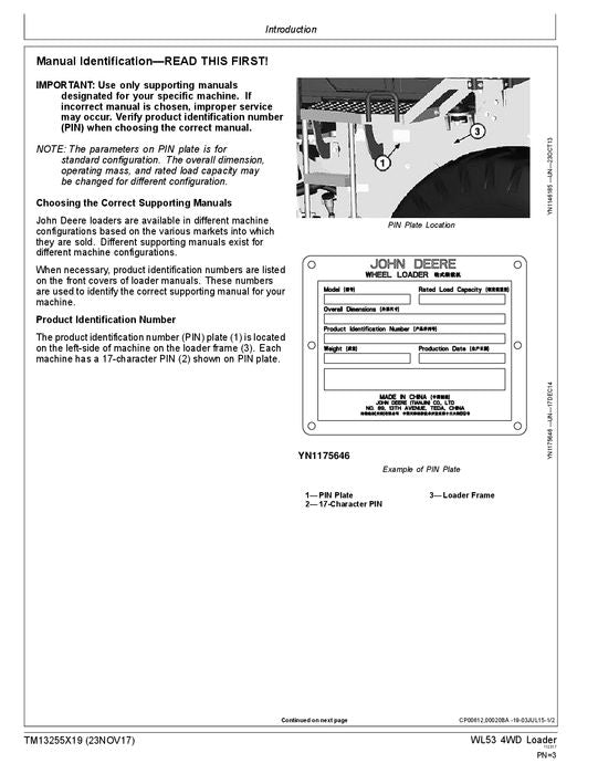 MANUAL TÉCNICO DE SERVICIO Y PRUEBA DE FUNCIONAMIENTO DE LA CARGADORA JOHN DEERE WL53 TM13255X19