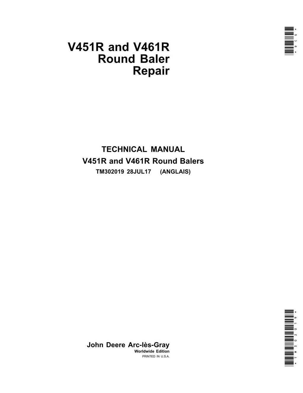 JOHN DEERE V451R  V461R BALER REPAIR SERVICE MANUAL