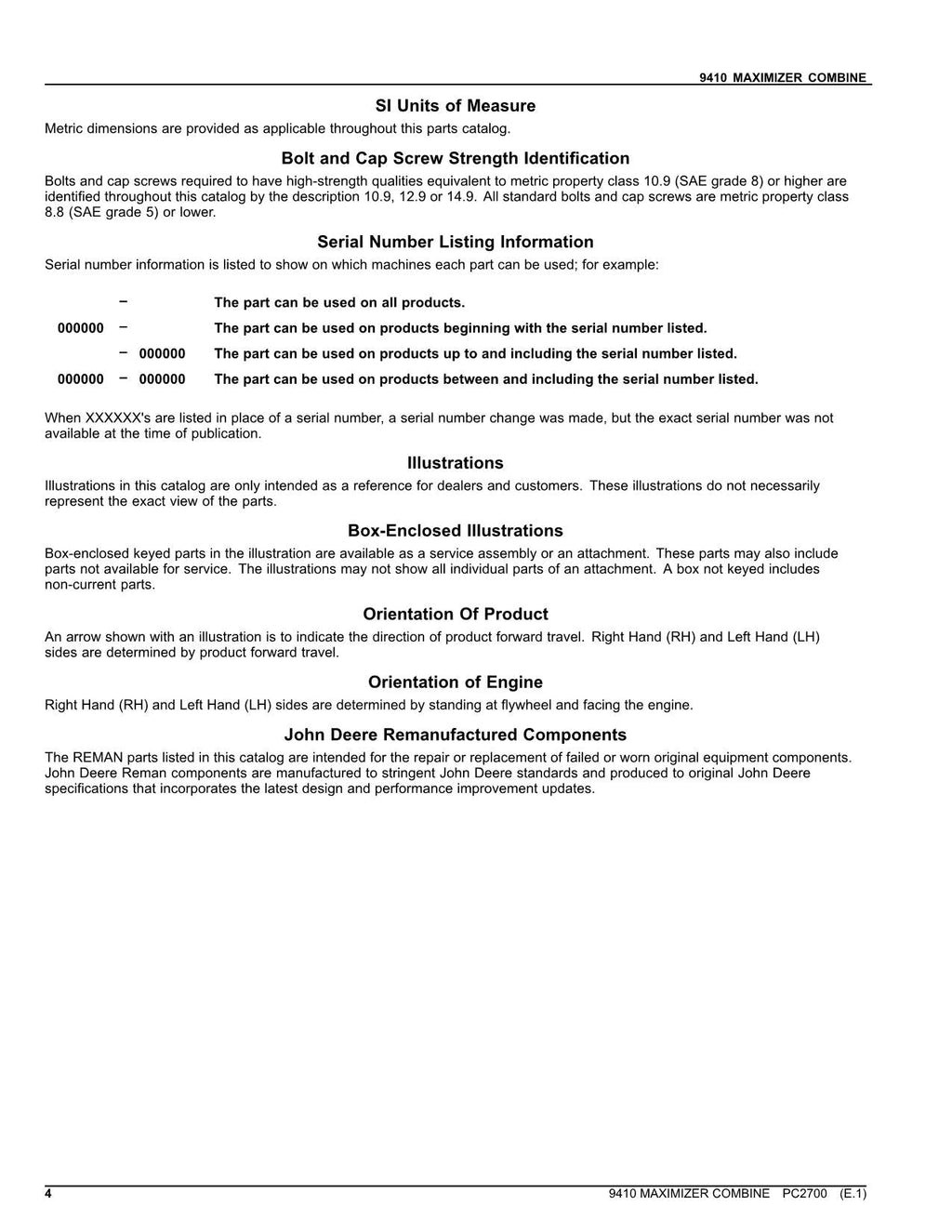 JOHN DEERE 9410 COMBINE PARTS CATALOG MANUAL