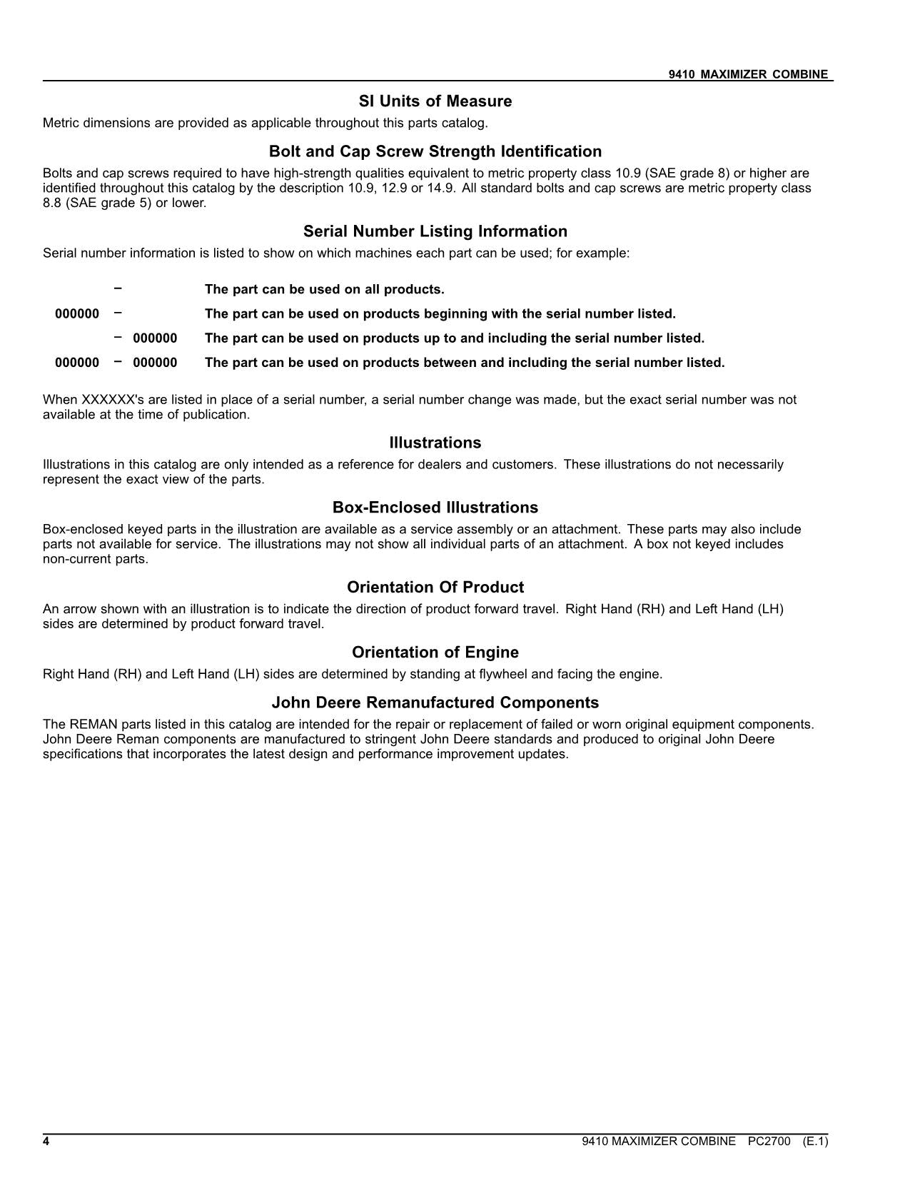 JOHN DEERE 9410 COMBINE PARTS CATALOG MANUAL