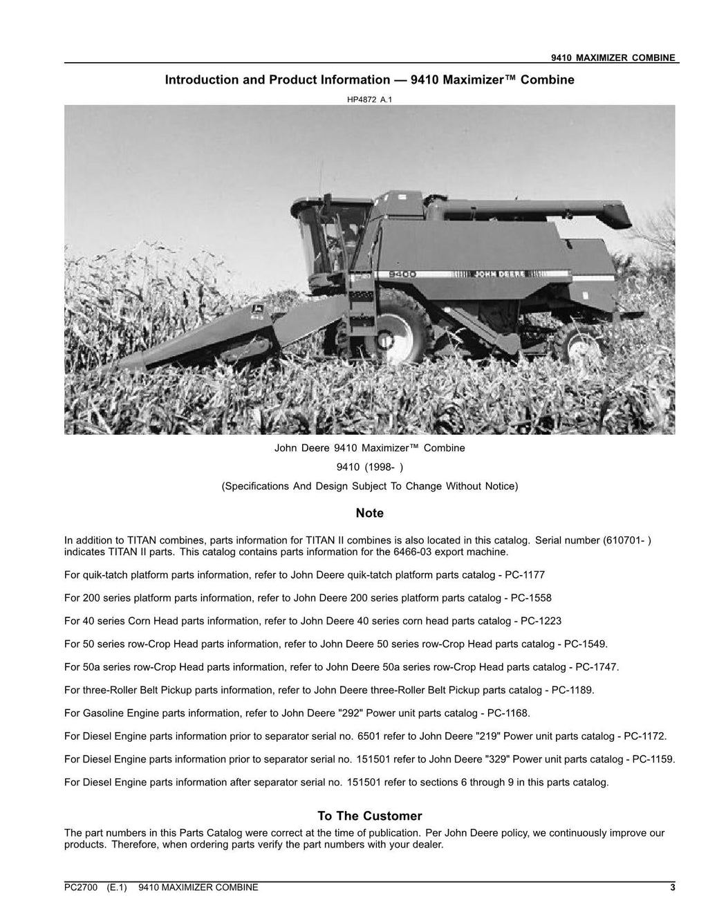 JOHN DEERE 9410 COMBINE PARTS CATALOG MANUAL