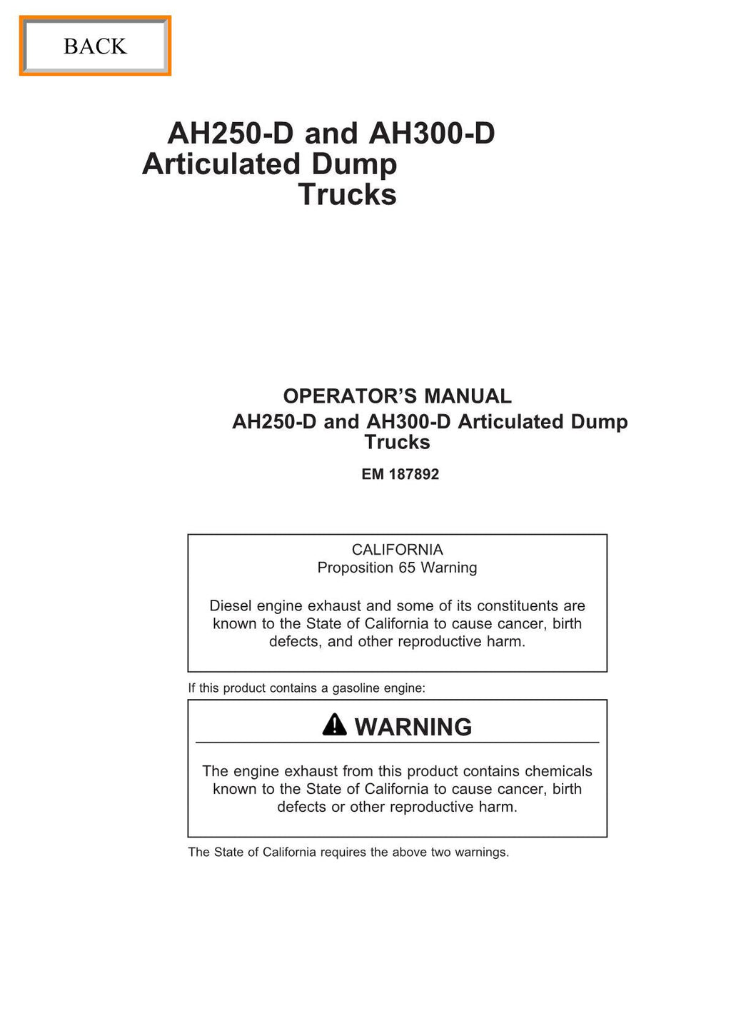 HITACHI AH250 AH300D DUMP TRUCK MAINTENANCE OPERATORS MANUAL