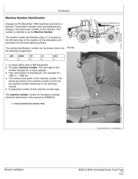 MANUAL DE SERVICIO Y PRUEBA DE OPERACIÓN DEL CAMIÓN VOLQUETE JOHN DEERE BELL B35C B40C TM1815