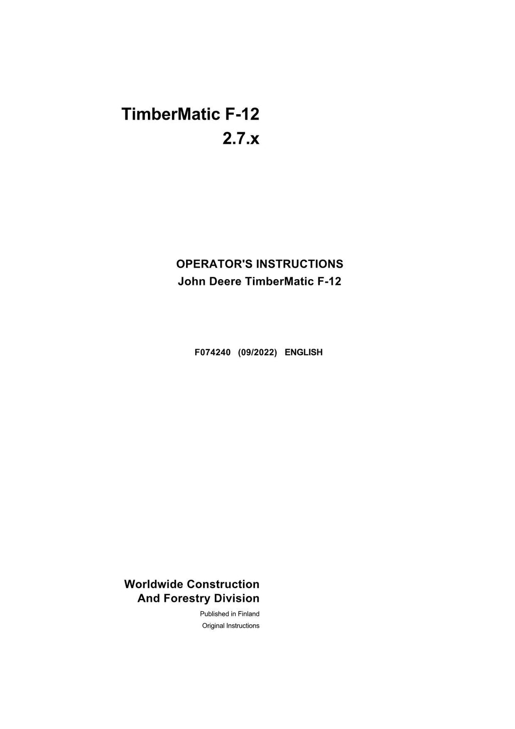 Manual del operador del autocargador John Deere Timbermatic F-09 1010E 1110E 1210E 1510E