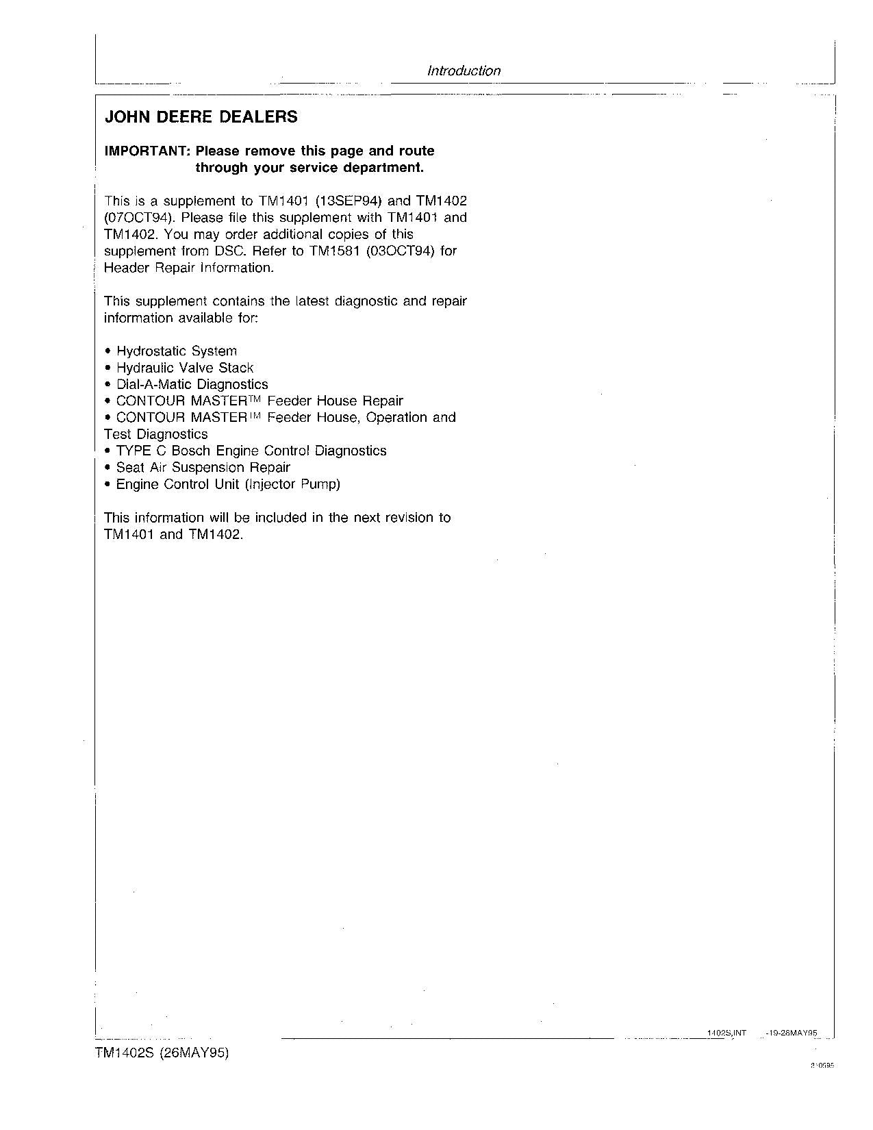 MANUAL DE PRUEBA DE OPERACIÓN DE LA COSECHADORA JOHN DEERE 9500 9501 9600 9400 TM1402