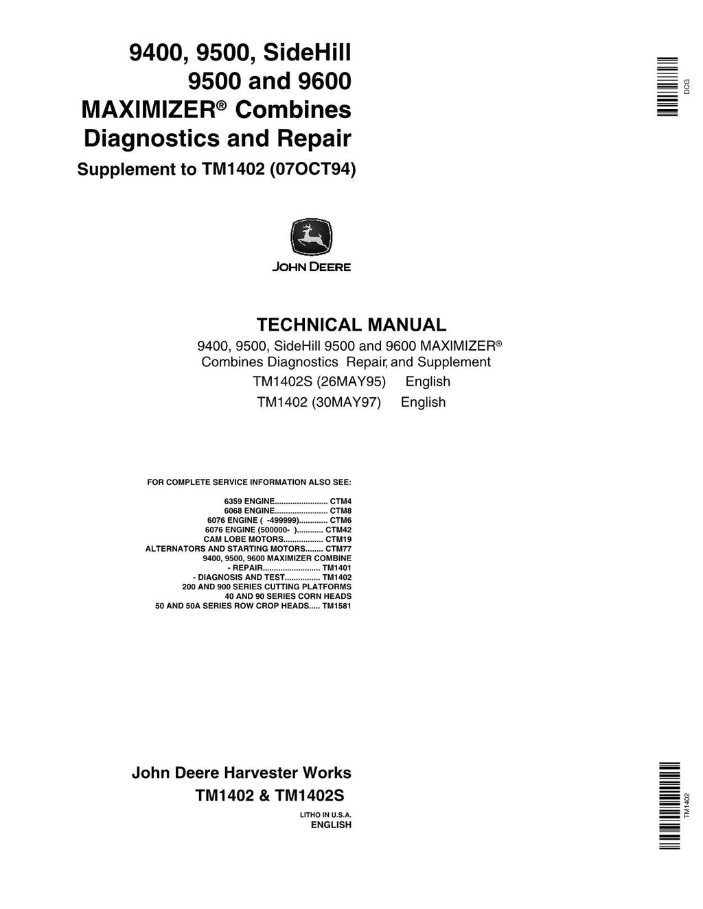 MANUAL DE PRUEBA DE OPERACIÓN DE LA COSECHADORA JOHN DEERE 9500 9501 9600 9400 TM1402