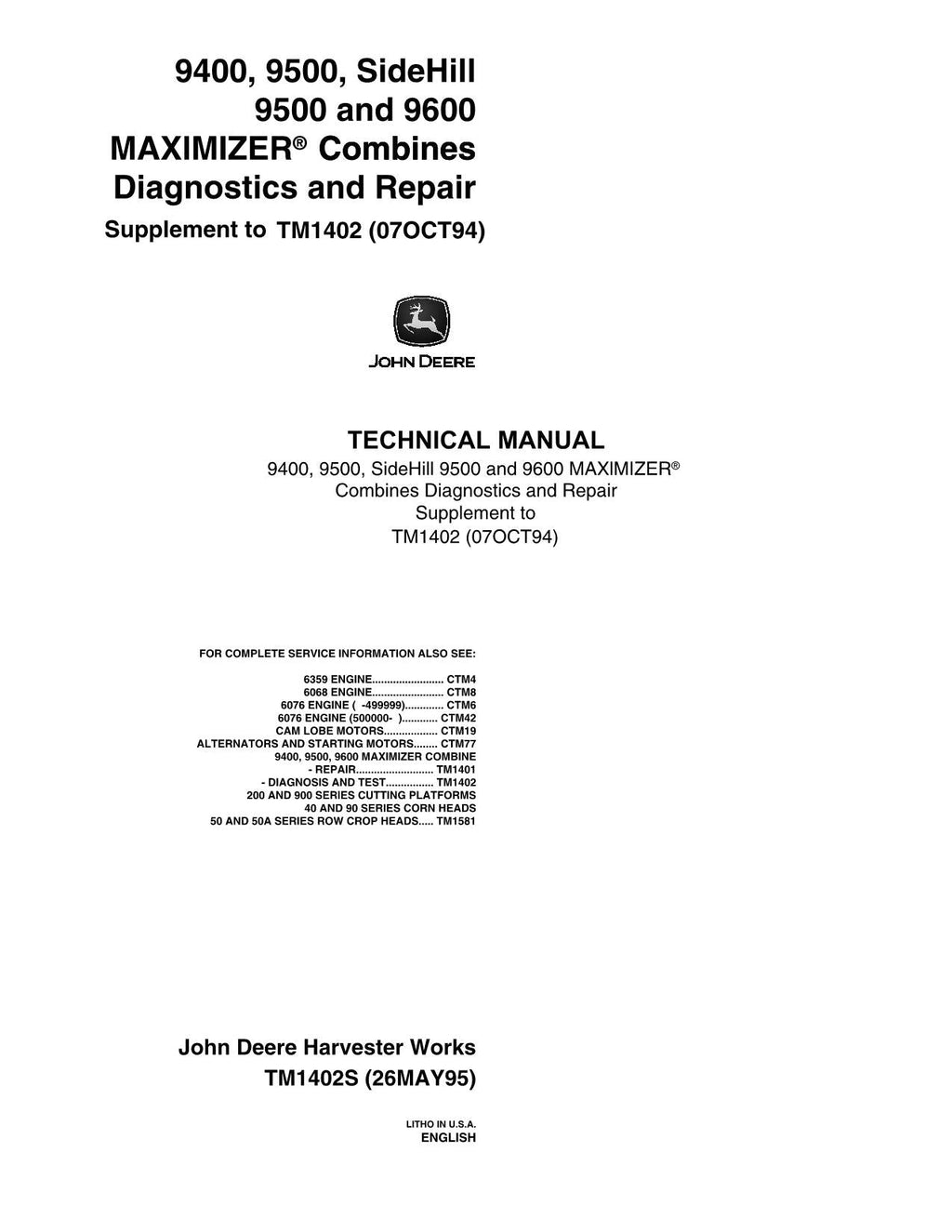 MANUAL DE PRUEBA DE OPERACIÓN DE LA COSECHADORA JOHN DEERE 9500 9501 9600 9400 TM1402