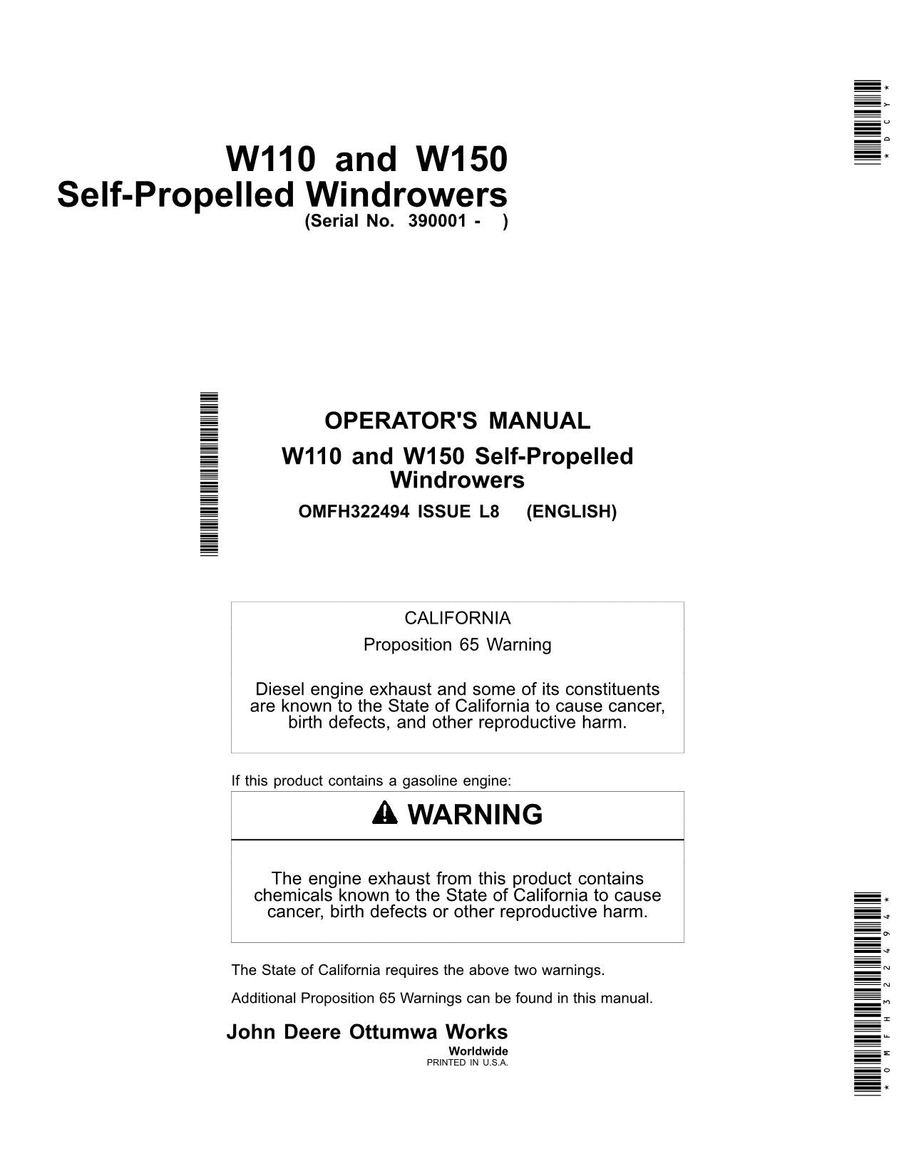 MANUAL DEL OPERADOR DE LA HILERADORA JOHN DEERE W110 N.° 1