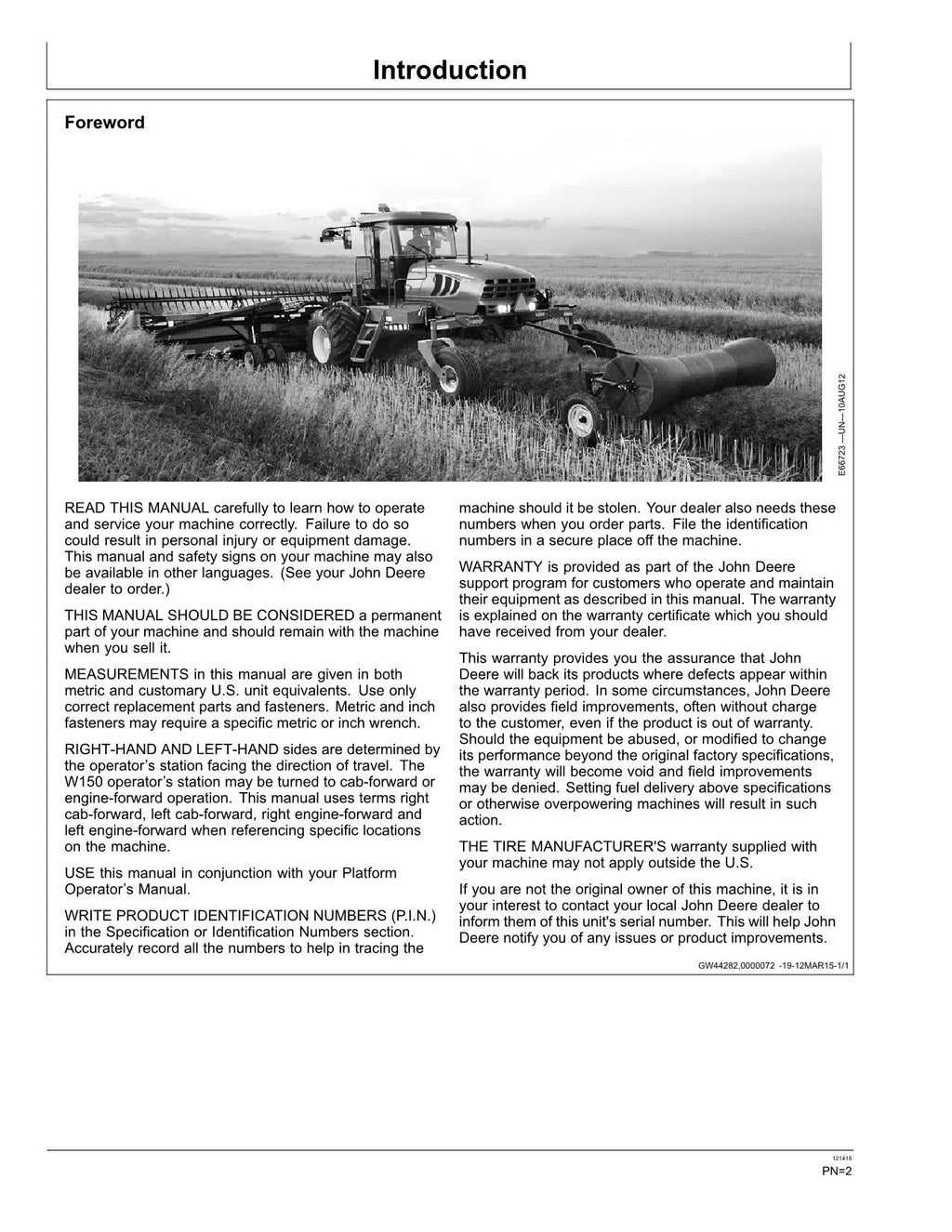 MANUAL DEL OPERADOR DE LA HILERADORA JOHN DEERE W110 N.° 1