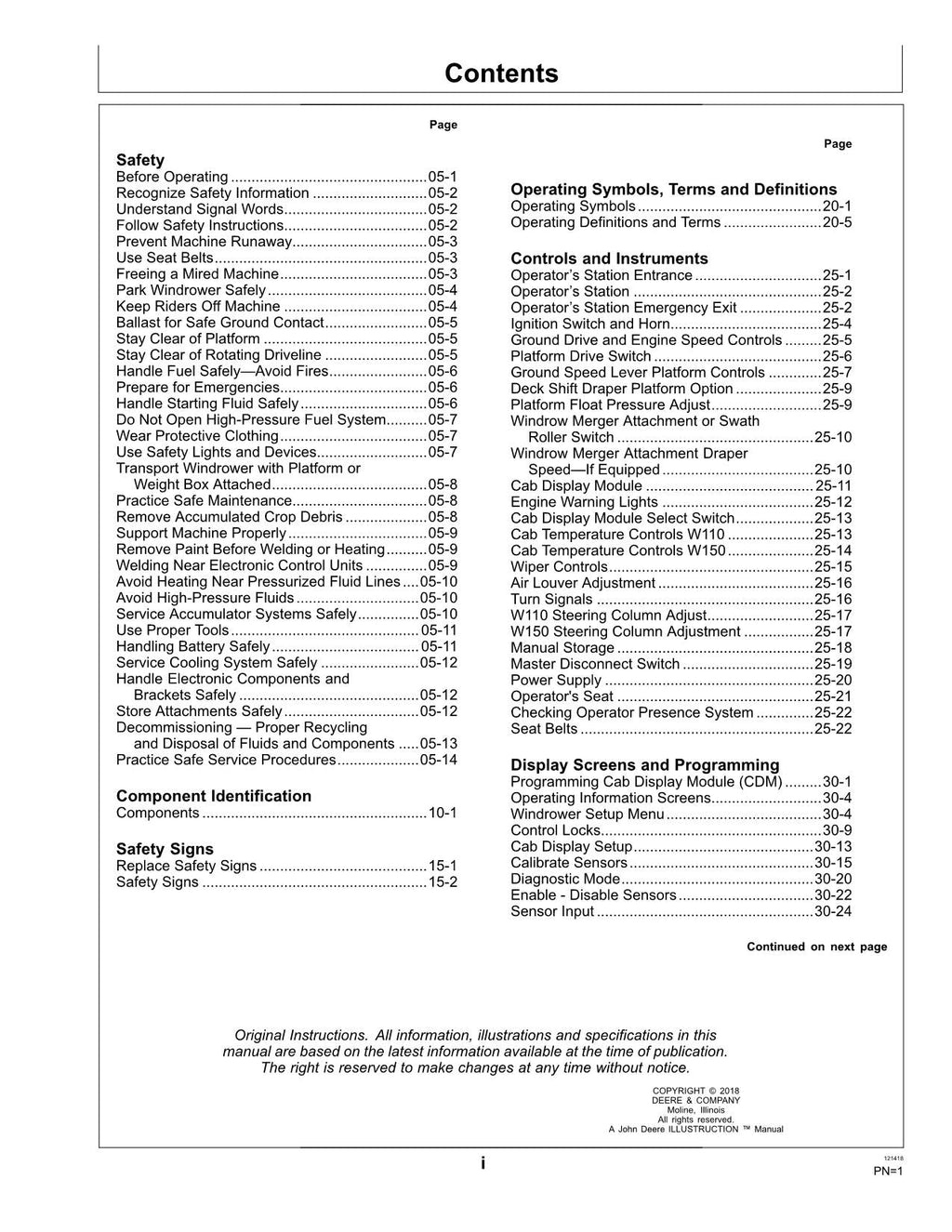 MANUAL DEL OPERADOR DE LA HILERADORA JOHN DEERE W110 N.° 1