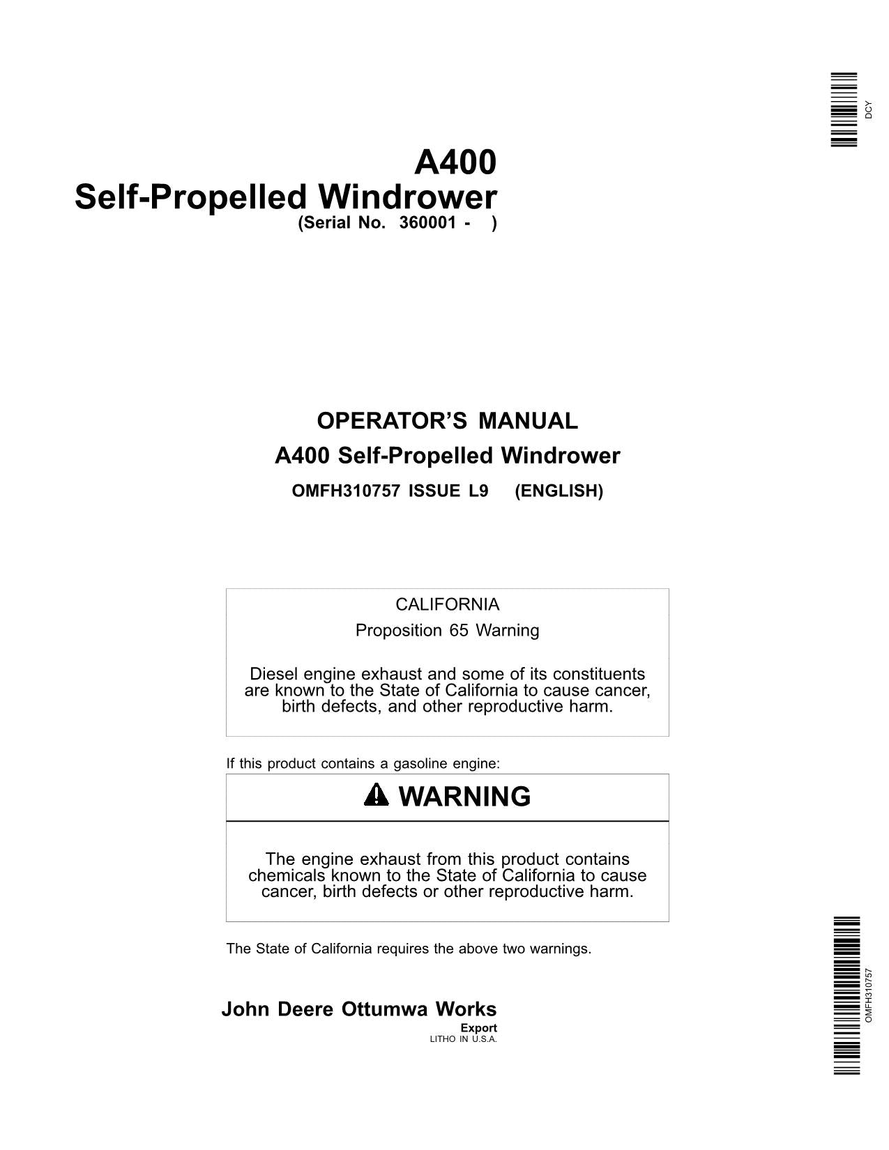 MANUAL DEL OPERADOR DE LA HILERADORA JOHN DEERE A400 N.° 2