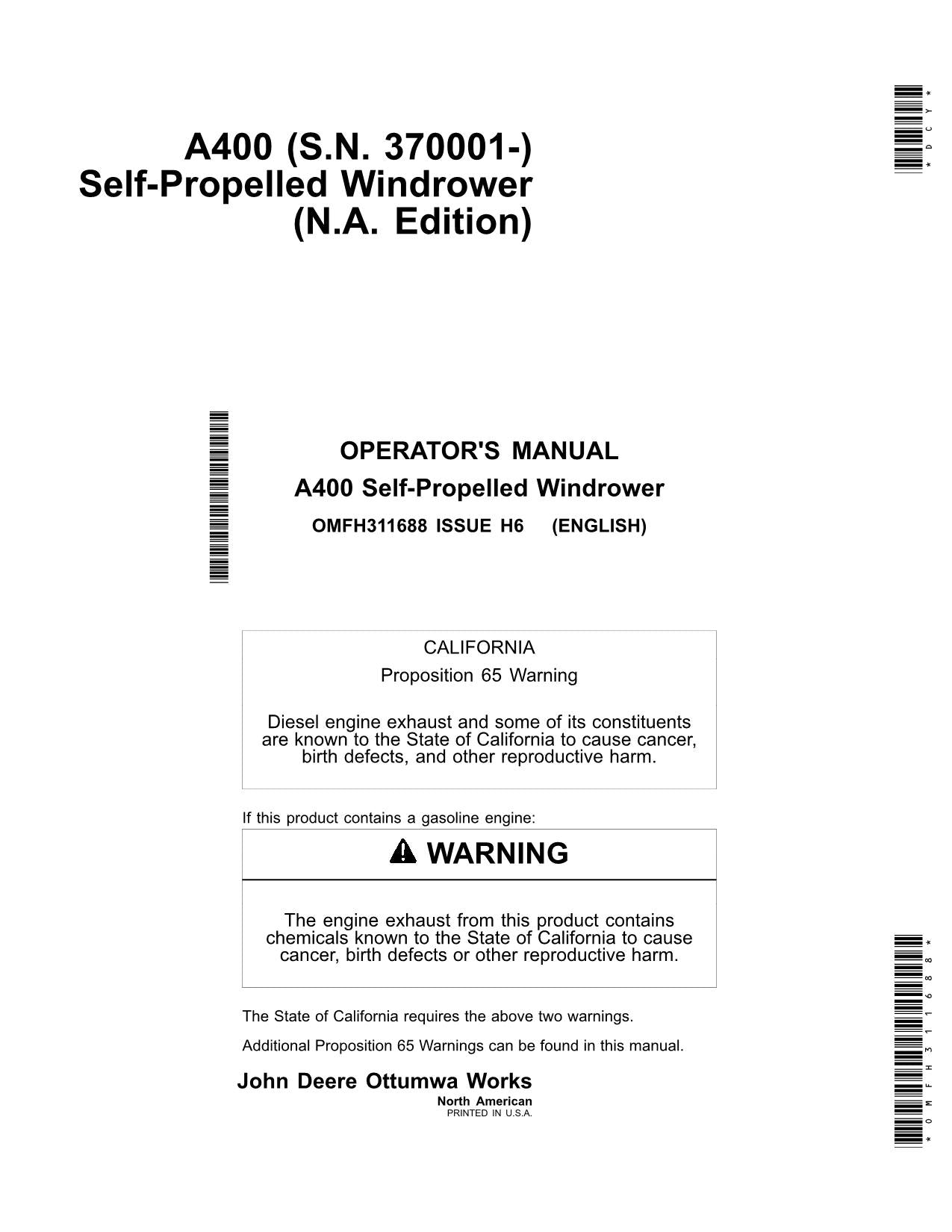 MANUAL DEL OPERADOR DE LA HILERADORA JOHN DEERE A400 N.° 3