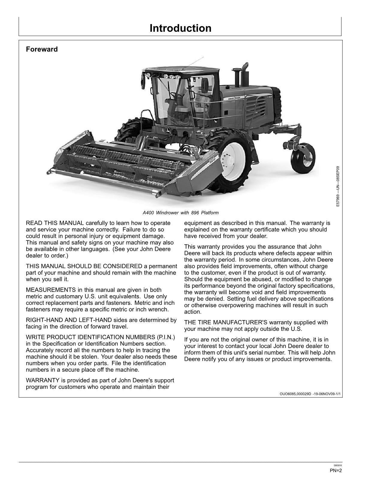 MANUAL DEL OPERADOR DE LA HILERADORA JOHN DEERE A400 N.° 4